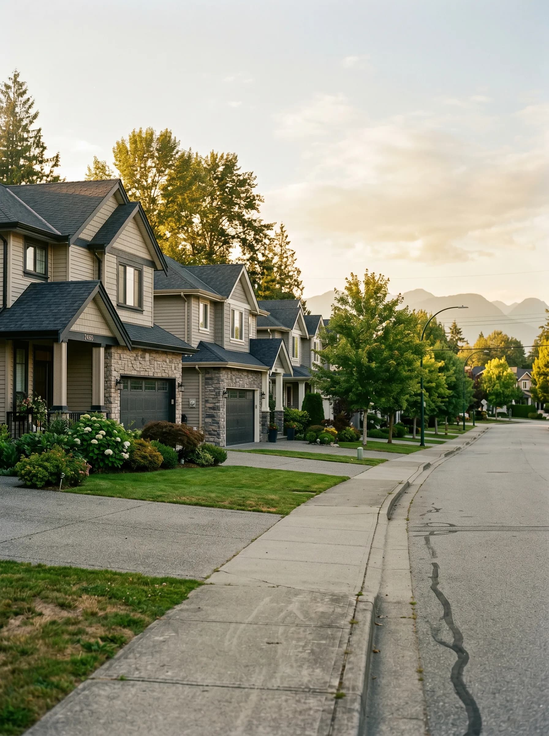 A Port Coquitlam, BC residential street with newer two-story homes, mature trees, and the soft silhouette of the coastal mountain ridgeline beyond — Distinctive Form serves PoCo and the Tri-Cities