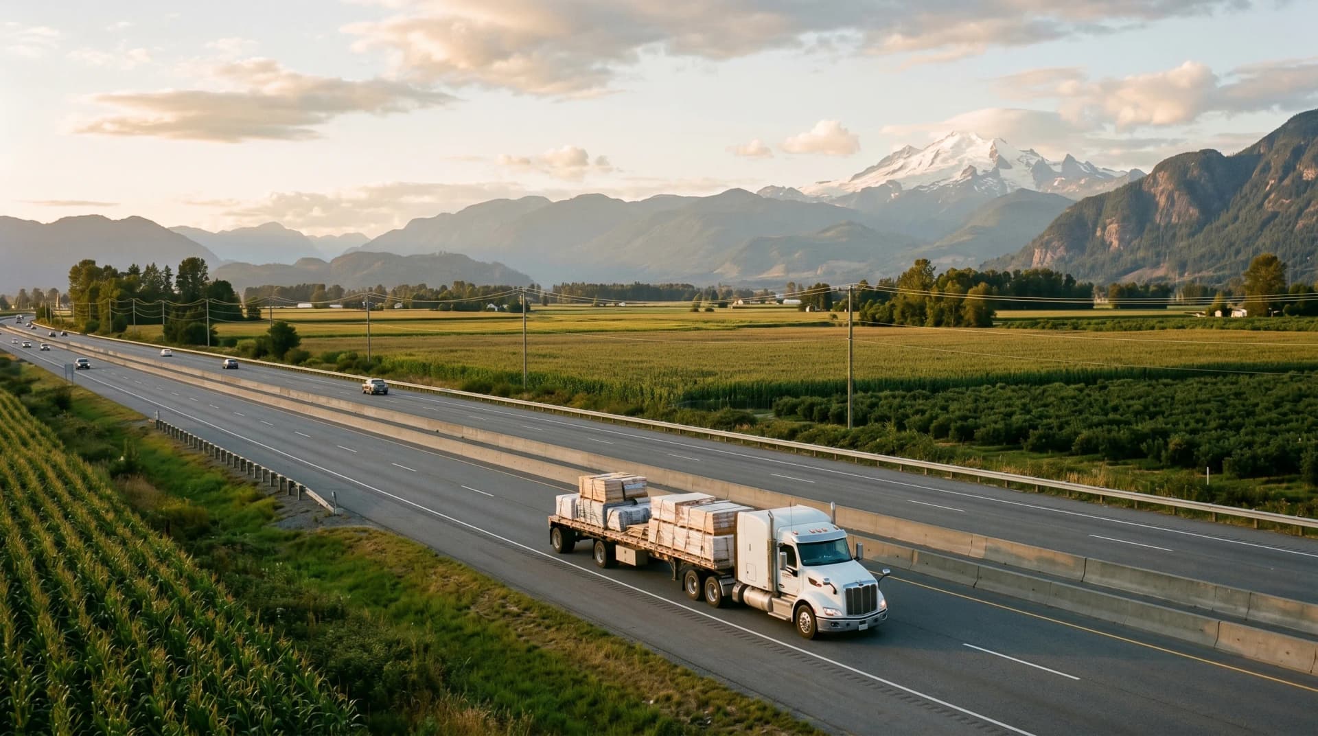 Highway 1 stretching east across the Fraser Valley toward Abbotsford at warm golden hour with a single white delivery transport truck carrying secured palletized building materials and Mount Baker rising on the horizon — Distinctive Form serves Abbotsford