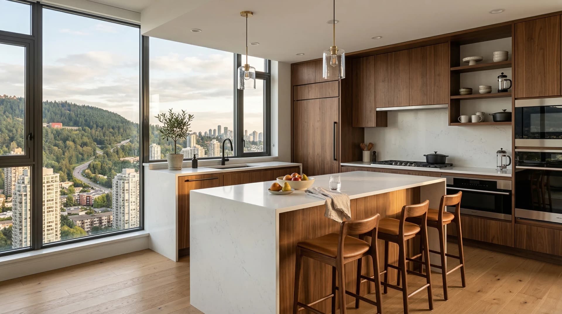 Distinctive Form — premium engineered quartz countertop with mitered waterfall island edge in a contemporary Burnaby, British Columbia high-rise kitchen. White quartz surface paired with warm walnut flat-panel cabinetry, glass and brass pendant lights, black matte fixtures, light wood bar stools, and panoramic views of Burnaby hillside, residential towers, and distant city skyline through floor-to-ceiling windows. Professional countertop fabrication and installation serving Burnaby and surrounding areas.