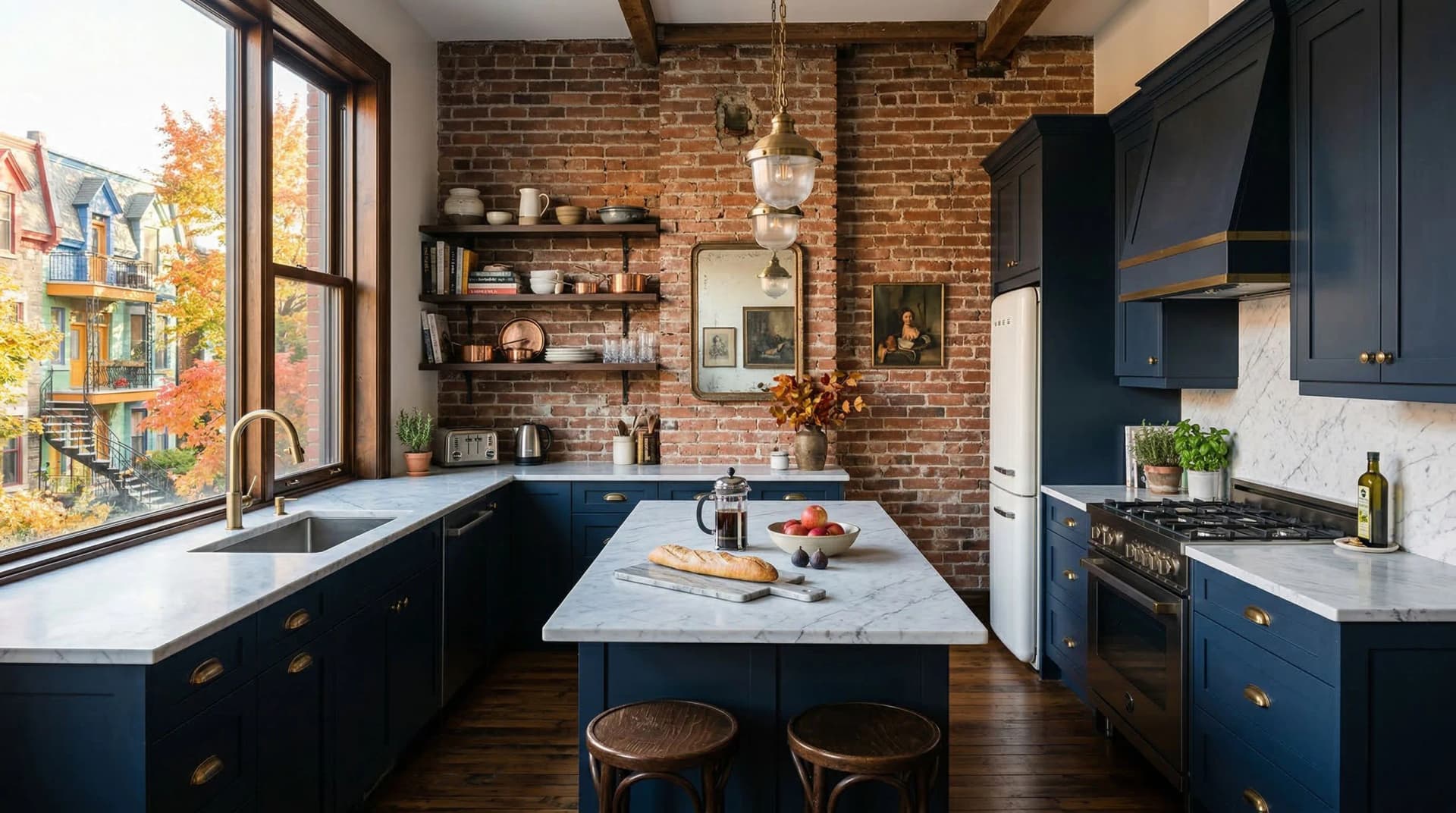 Distinctive Form — premium engineered quartz countertop with eased edge profile in a stylish Montreal, Quebec kitchen. White marble-veined quartz island and perimeter countertops, deep navy blue shaker cabinetry, exposed red brick wall, brass cabinet hardware, vintage pendant lighting, open wood shelving, dark hardwood floors, and views of colourful Montreal row houses with autumn foliage. Professional countertop fabrication and installation serving Montreal and surrounding areas.