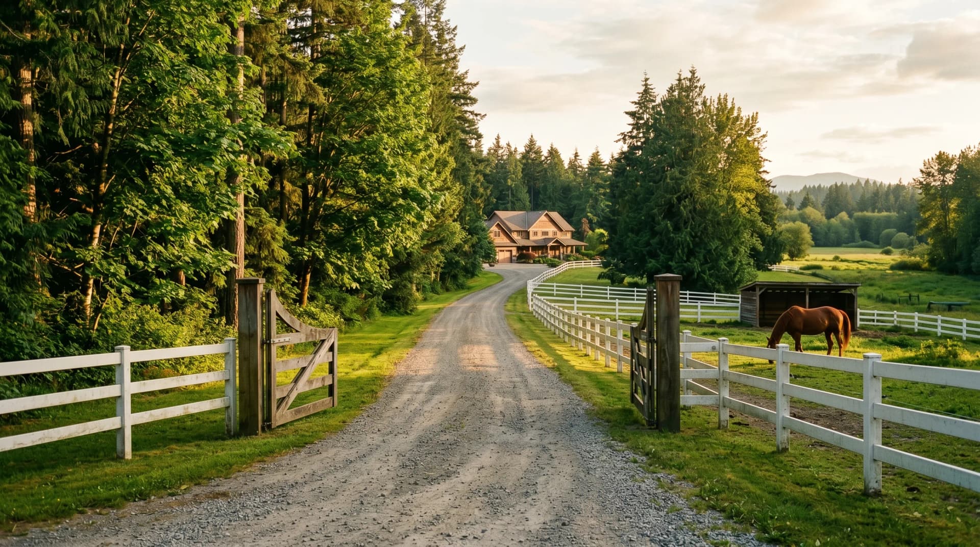 A long gated rural acreage gravel driveway in Brookswood or Campbell Valley Langley at golden hour disappearing toward a distant custom home, framed by Douglas-firs and big-leaf maples, with a horse paddock and white post-and-rail fence — Distinctive Form serves Langley
