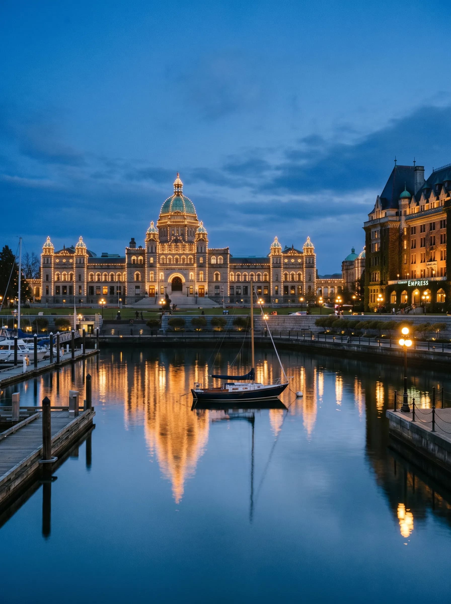 The British Columbia Parliament Building illuminated at blue-hour twilight over Victoria's Inner Harbour — Distinctive Form serves Greater Victoria