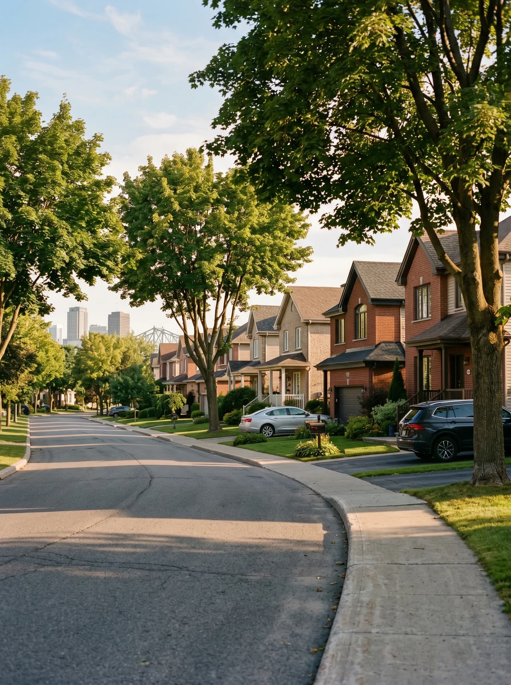 A Longueuil, Quebec residential street with established two-story brick homes and mature maples casting dappled shadows, with a hint of the distant Montreal skyline beyond — Distinctive Form serves Longueuil and the South Shore