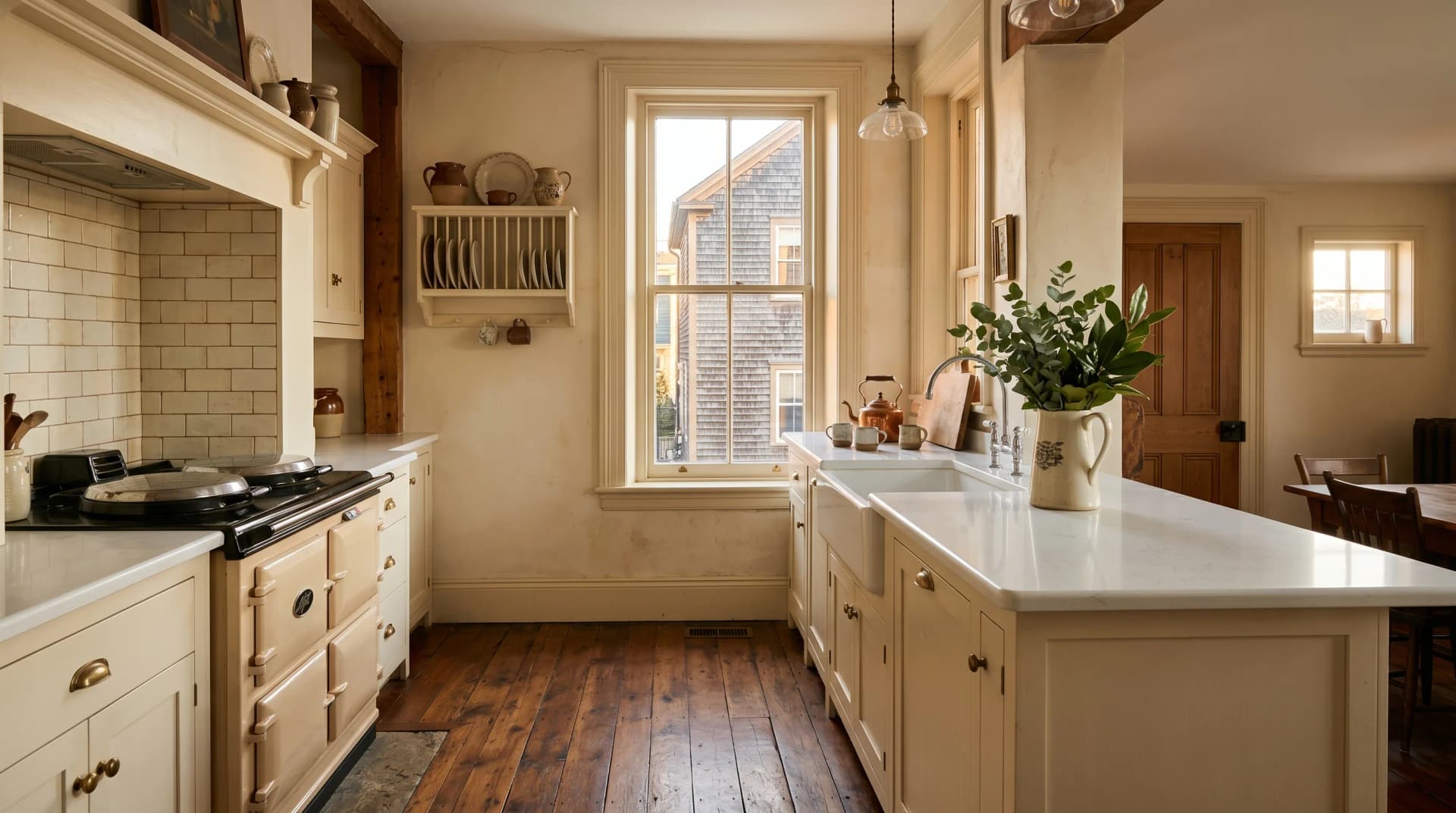 A renovated 1880s Uptown Saint John Victorian heritage kitchen with a polished white engineered quartz countertop on a semi-bullnose edge, cream shaker cabinetry, walls slightly out of plumb, a deep apron sink, and original wide-plank wood floors at golden hour — Distinctive Form serves Saint John