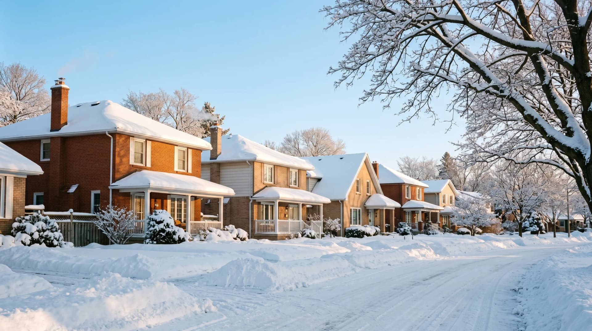 A residential Kitchener neighborhood in deep mid-winter with mature maples coated in fresh wet snow, heavy snow on rooftops and front yards, and a clear pale-blue sky overhead — Distinctive Form serves Kitchener