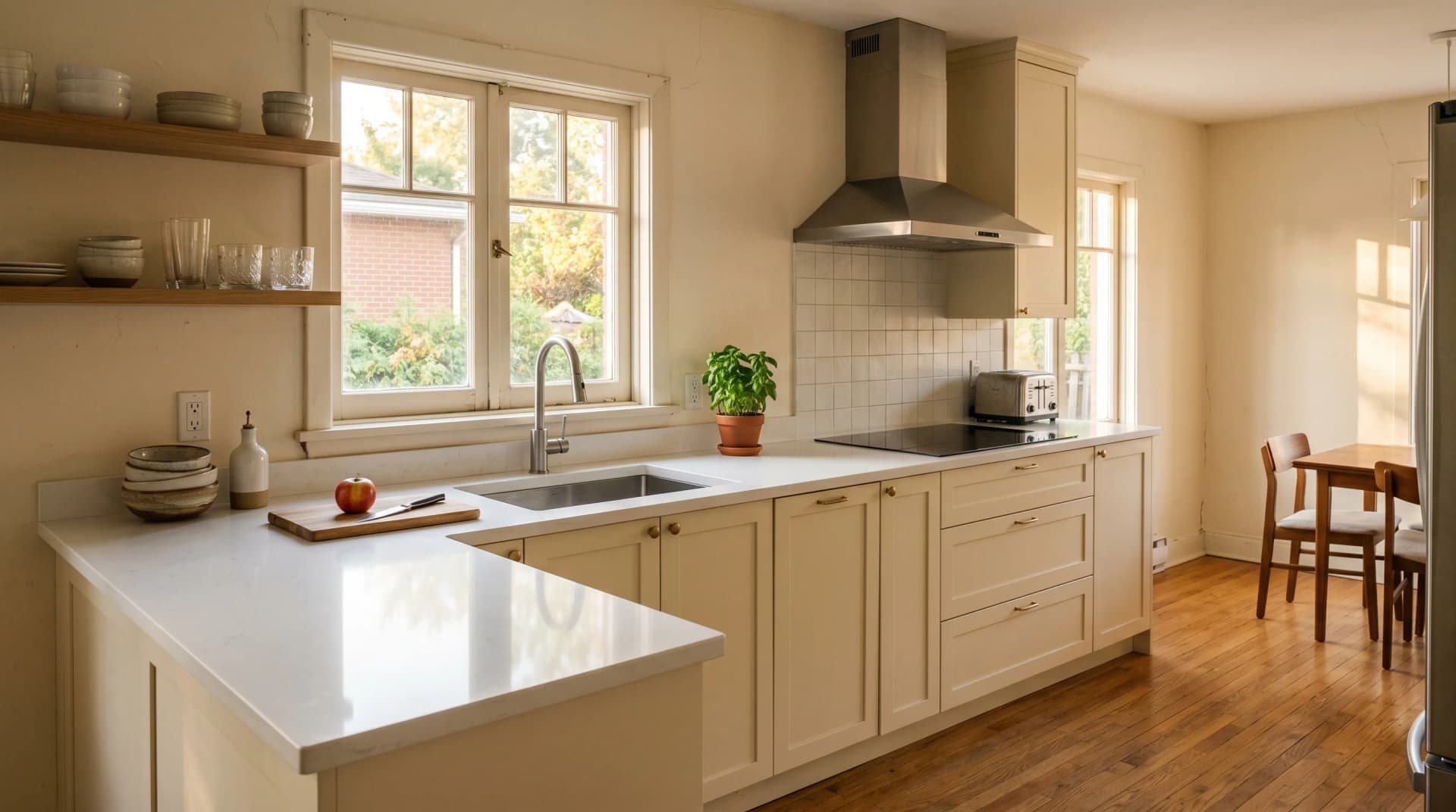A renovated 1970s Chomedey Laval kitchen with a polished white quartz countertop and eased edge on refreshed cream shaker cabinetry, deep undermount sink under a small window with warm afternoon light — Distinctive Form serves Laval