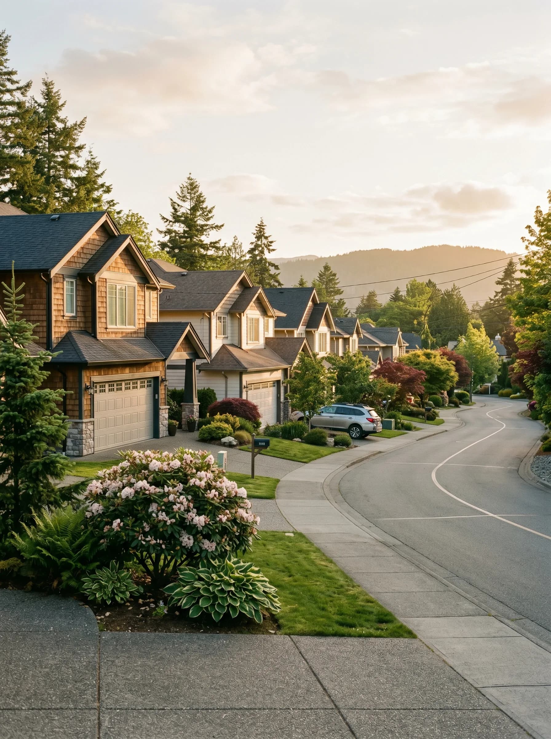 A Saanich, BC residential street on the Saanich Peninsula with established cedar-shingle and siding homes set among rhododendrons and Douglas firs — Distinctive Form serves Saanich and Greater Victoria