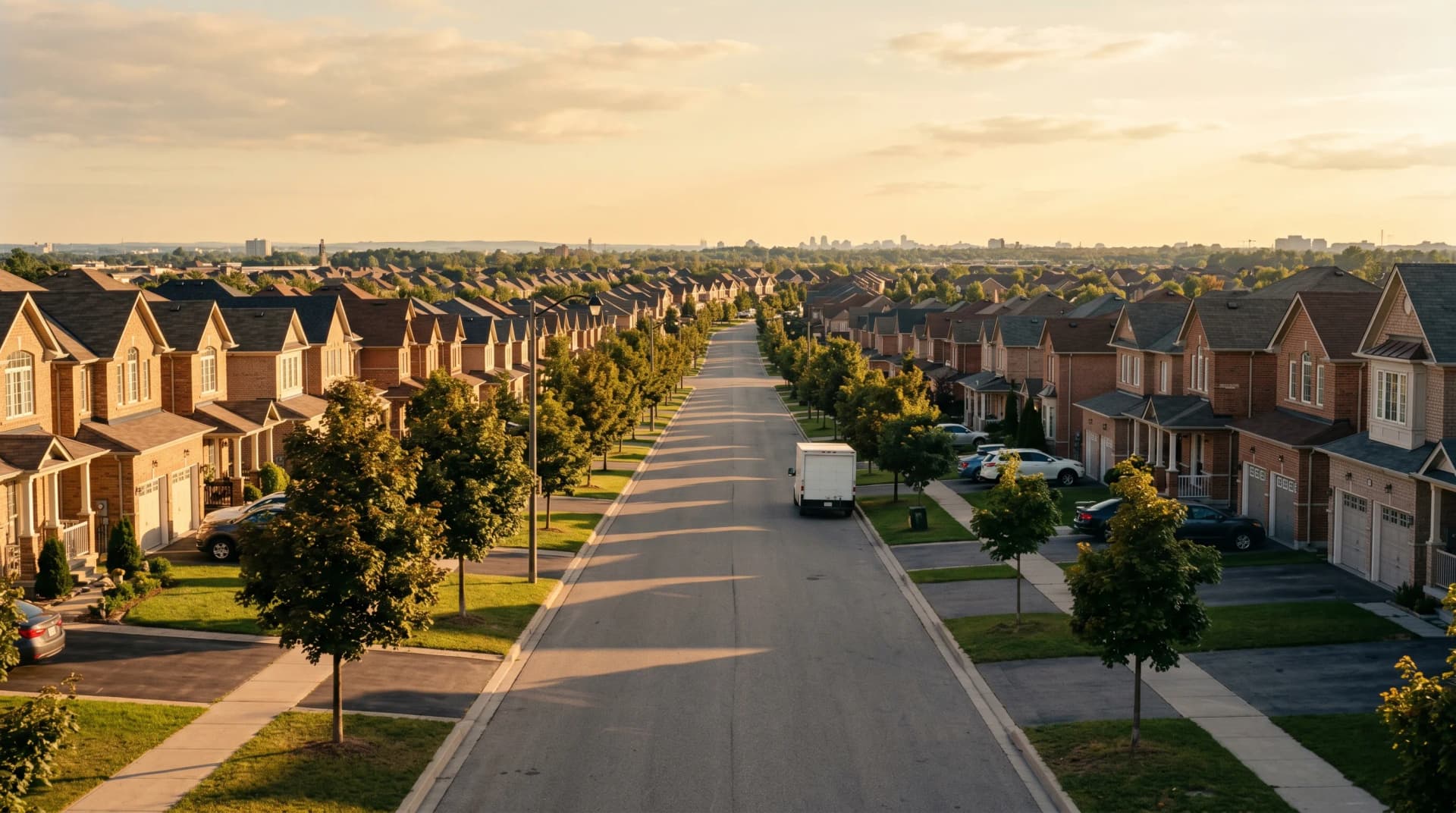 A long perspective down a wide spread-out Brampton suburban street with rows of brick two-story homes and a single white delivery truck parked mid-block — Distinctive Form serves Brampton