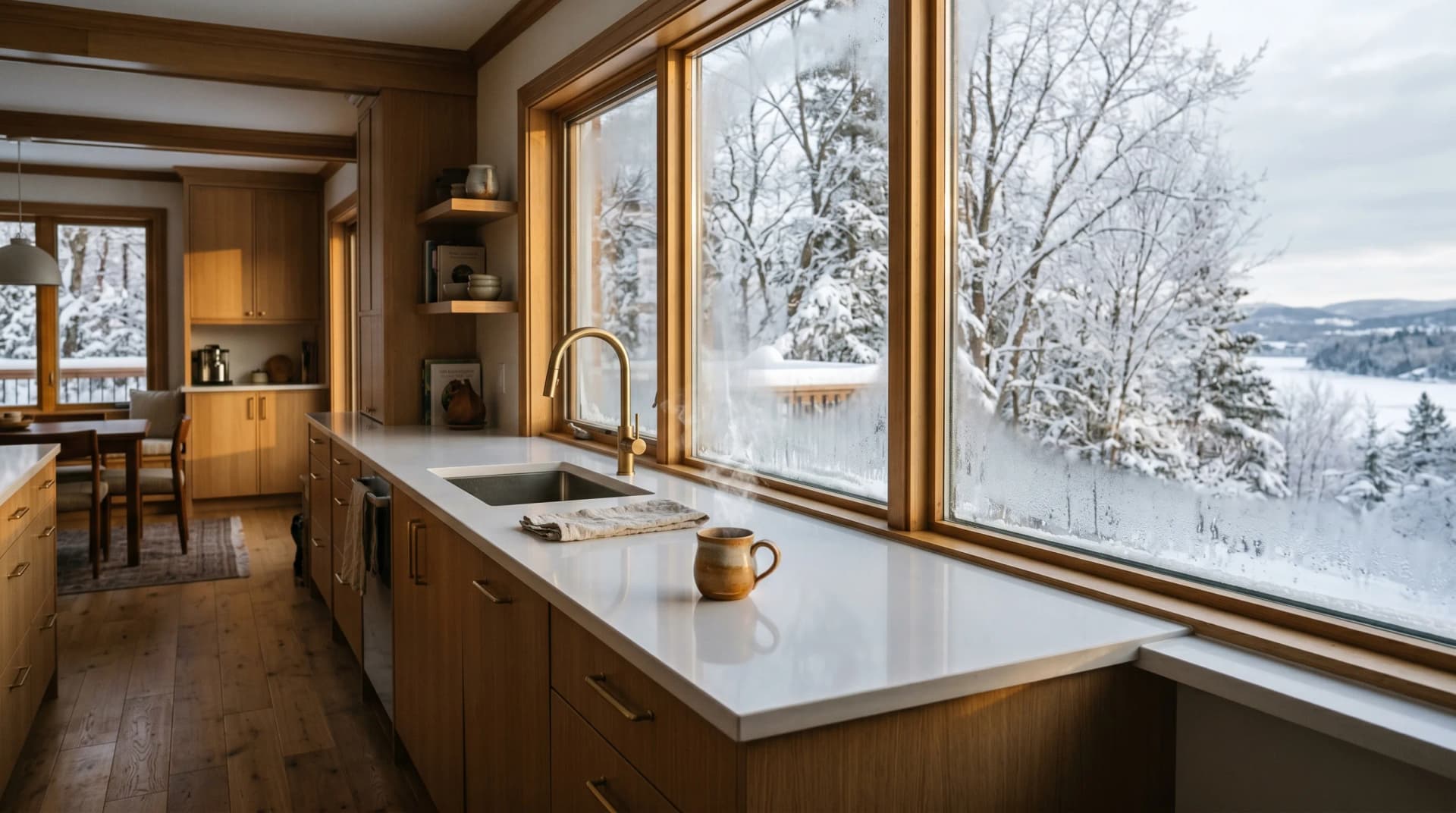 A Plateau Gatineau kitchen with a white porcelain countertop on white-oak cabinetry and a tall window revealing a snow-covered backyard with hoarfrost-coated maples and visible breath-fog suggesting -30 cold — Distinctive Form serves Gatineau