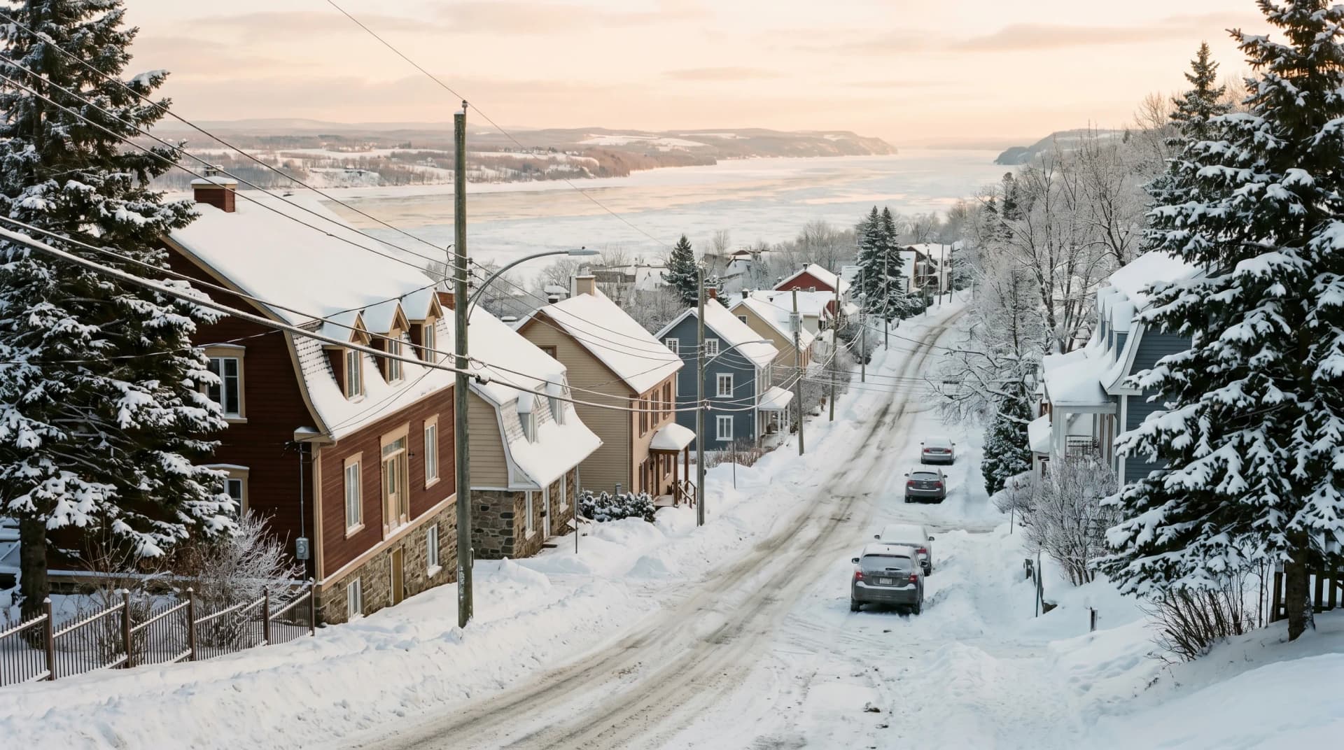 A steep Cap-Rouge or Beauport residential street in Quebec City in deep winter with classic Quebec-style homes, heavy snow accumulation, and the St. Lawrence River in the distance — the extreme winter conditions Distinctive Form plans Quebec City projects around