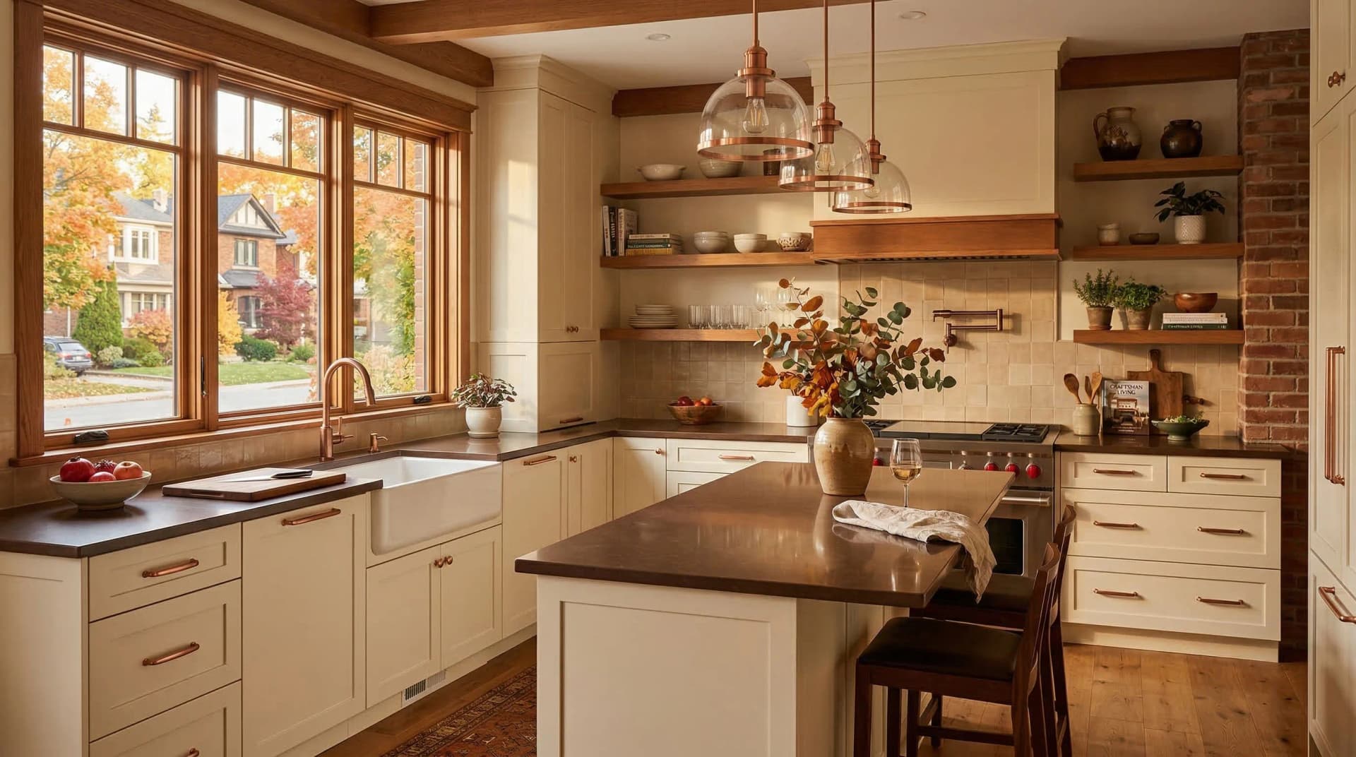 Distinctive Form — premium engineered quartz countertop with eased edge profile in a warm craftsman-style Oshawa, Ontario kitchen. Dark quartz island surface paired with light perimeter countertops, cream shaker cabinetry, exposed brick accent wall, copper hardware and pendant lighting, floating wood shelves, farmhouse sink, and charming autumn neighbourhood streetscape views. Professional countertop fabrication and installation serving Oshawa and surrounding areas.