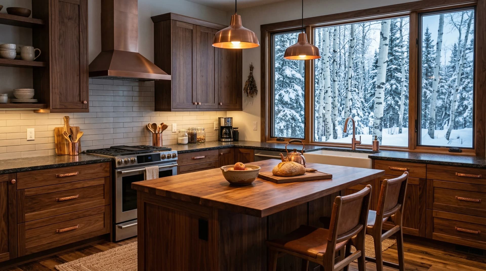 Distinctive Form — premium engineered quartz countertop with eased edge profile in a rustic lodge-style Fort McMurray, Alberta kitchen. Dark quartz perimeter counters with rich walnut cabinetry, walnut butcher block island, copper pendant lights and range hood, warm under-cabinet lighting, and views of snow-laden northern boreal forest birch and spruce trees through wood-framed windows. Professional countertop fabrication and installation serving Fort McMurray and surrounding areas.