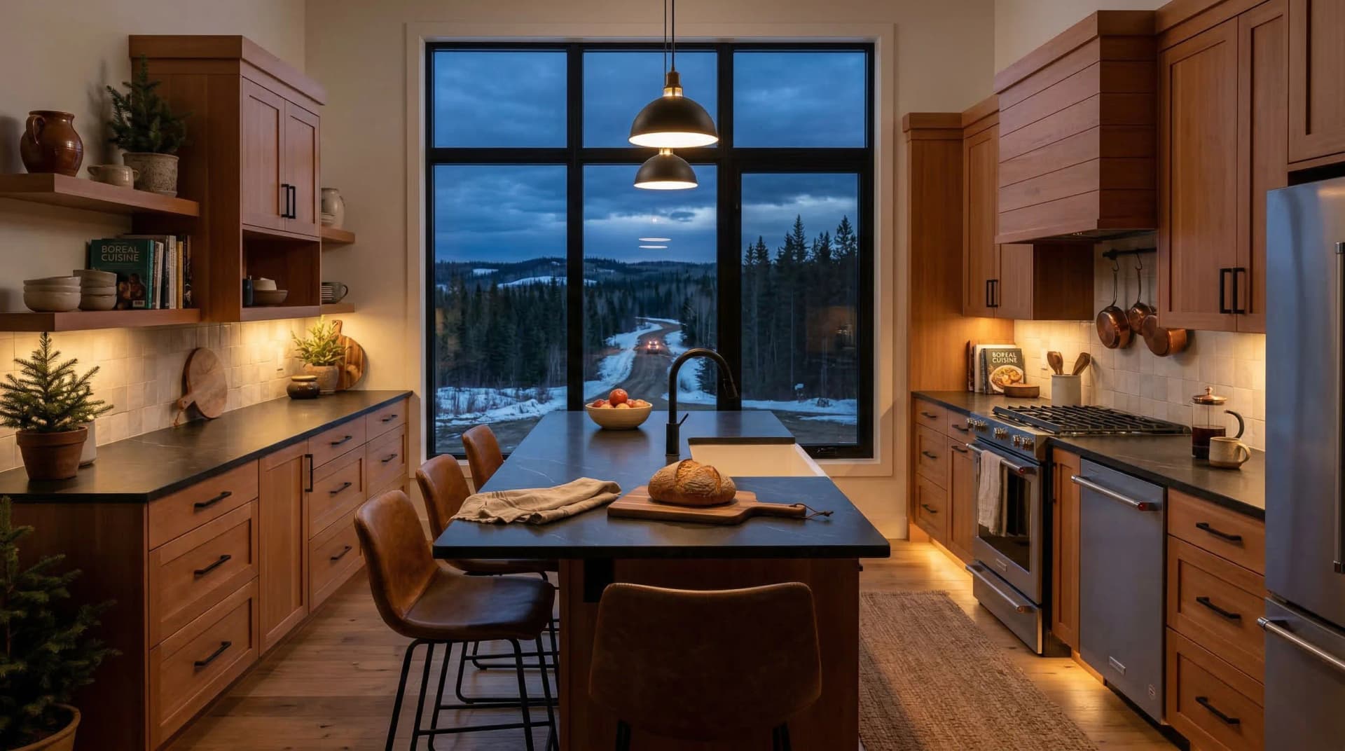 Distinctive Form — premium engineered quartz countertop with eased edge profile in a cozy craftsman-style Grande Prairie, Alberta kitchen. Dark quartz surface paired with warm honey-toned wood cabinetry, copper pendant lights and range hood, walnut butcher block island, subway tile backsplash, and twilight views of snow-covered northern Alberta boreal forest through large windows. Professional countertop fabrication and installation serving Grande Prairie and surrounding areas.