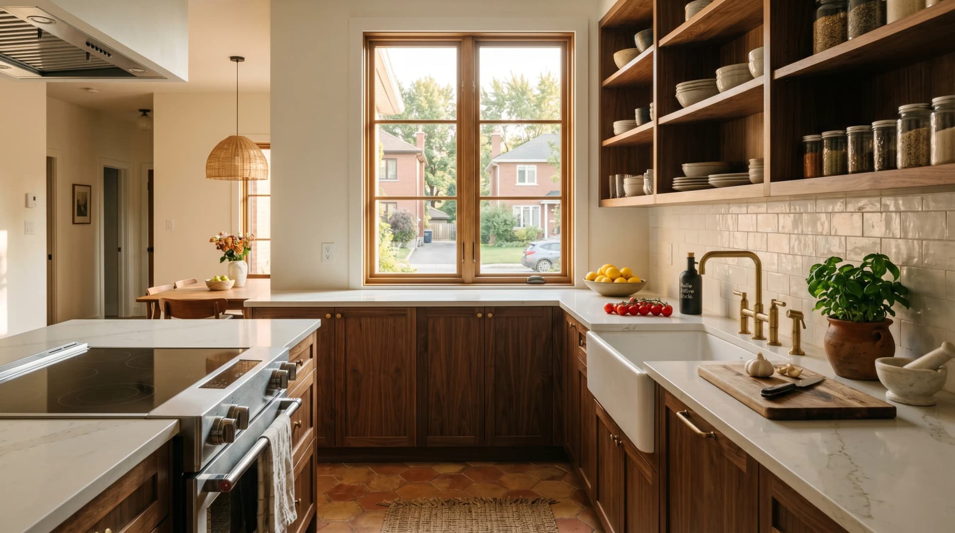 A Mediterranean-inspired Chomedey Laval kitchen with a polished pale porcelain countertop on warm walnut cabinetry, fresh lemons, tomatoes and basil on the counter, brushed-brass tap, and warm afternoon Quebec light — Distinctive Form serves Laval
