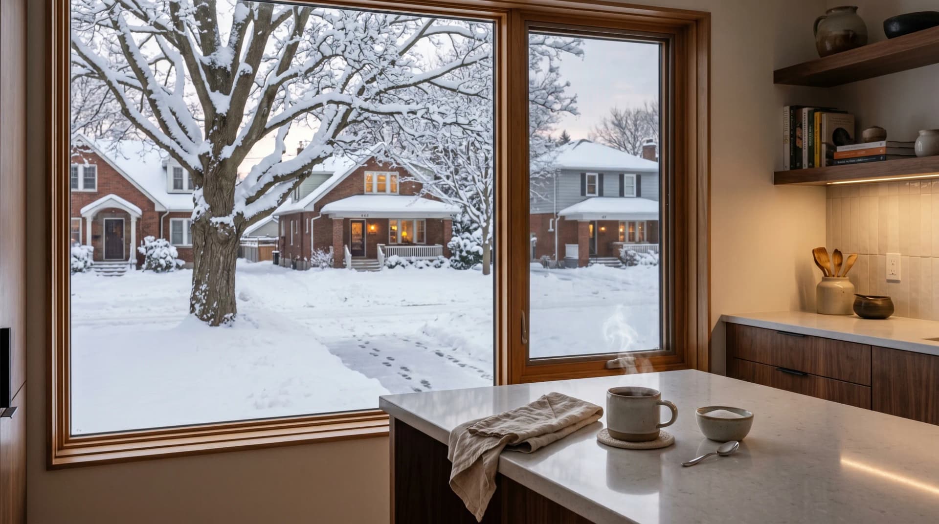A warm Ottawa kitchen with a light-grey quartz countertop and a steaming cup of tea looking out onto a snow-covered residential street with a heavily snow-laden mature maple — the harsh winter climate Distinctive Form serves Ottawa through