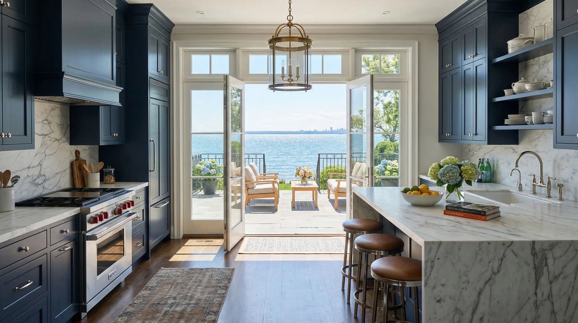 Distinctive Form — premium engineered quartz countertop with eased edge profile in a coastal-inspired Oakville, Ontario kitchen. White marble-veined quartz surfaces and full-height backsplash, navy blue shaker cabinetry, leather bar stools, brass lantern pendant, open shelving, and open French doors leading to a lakeside terrace with Lake Ontario views. Professional countertop fabrication and installation serving Oakville and surrounding areas.