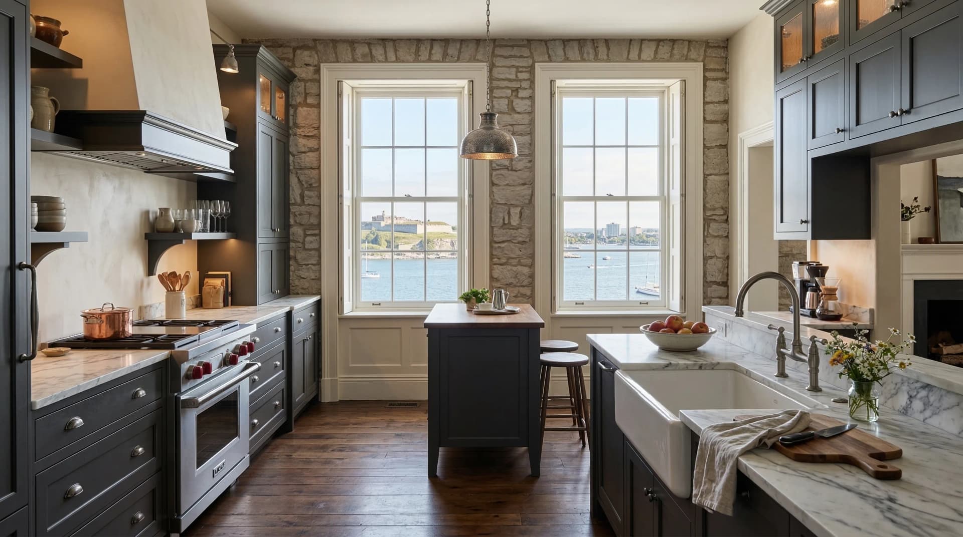 Distinctive Form — premium engineered quartz countertop with ogee edge profile in a classic Kingston, Ontario kitchen. White marble-veined quartz surfaces on slate blue cabinetry, exposed limestone accent wall, farmhouse apron sink, industrial pendant lighting, dark hardwood floors, copper accents, and tall heritage windows overlooking Kingston harbour and the St. Lawrence River waterfront. Professional countertop fabrication and installation serving Kingston and surrounding areas.