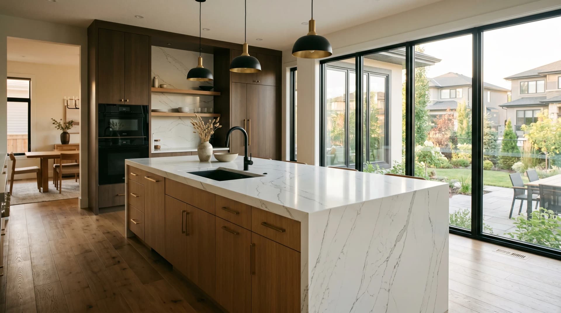 A luxurious Erin Ridge or Jensen Lakes St. Albert custom-home kitchen at golden hour with a soaring polished white engineered porcelain waterfall island, book-matched veining, clean mitered edge, white-oak cabinetry and brushed-brass hardware — the premium-community standard Distinctive Form delivers in St. Albert