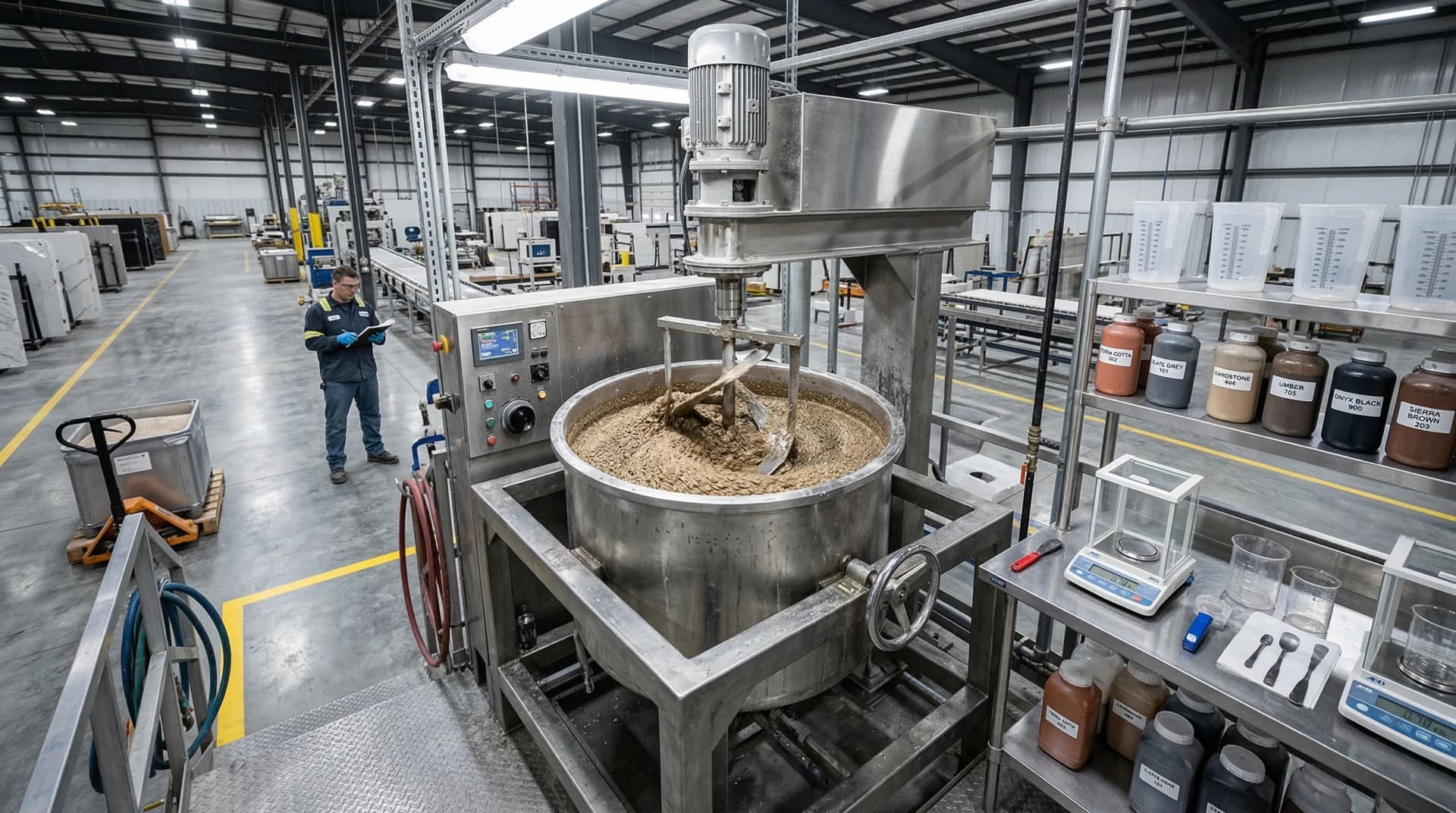 Distinctive Form — quartz countertop mixing and formulation stage. A large stainless steel industrial mixing vessel containing granular quartz aggregate being combined with polymer resin binder and mineral pigments, surrounded by precise measuring instruments and pigment containers in a clean manufacturing environment, showing the critical blending stage where 90–94% ground quartz crystals are mixed with 6–8% polymer resins and 1–2% pigments to create the proprietary formulation.