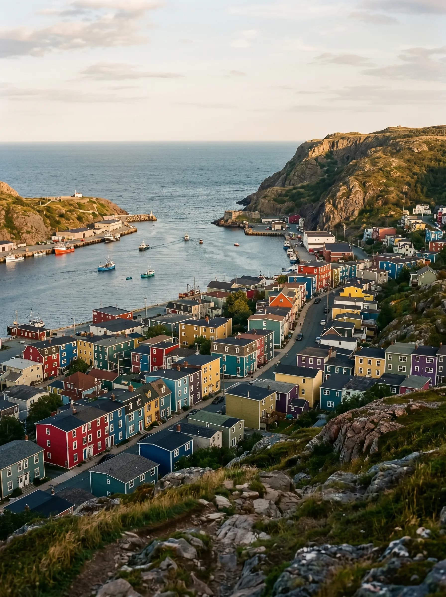 The colourful Jelly Bean Row houses of downtown St. John's climbing the hills above the harbour at golden hour, viewed from Signal Hill — Distinctive Form serves the Northeast Avalon