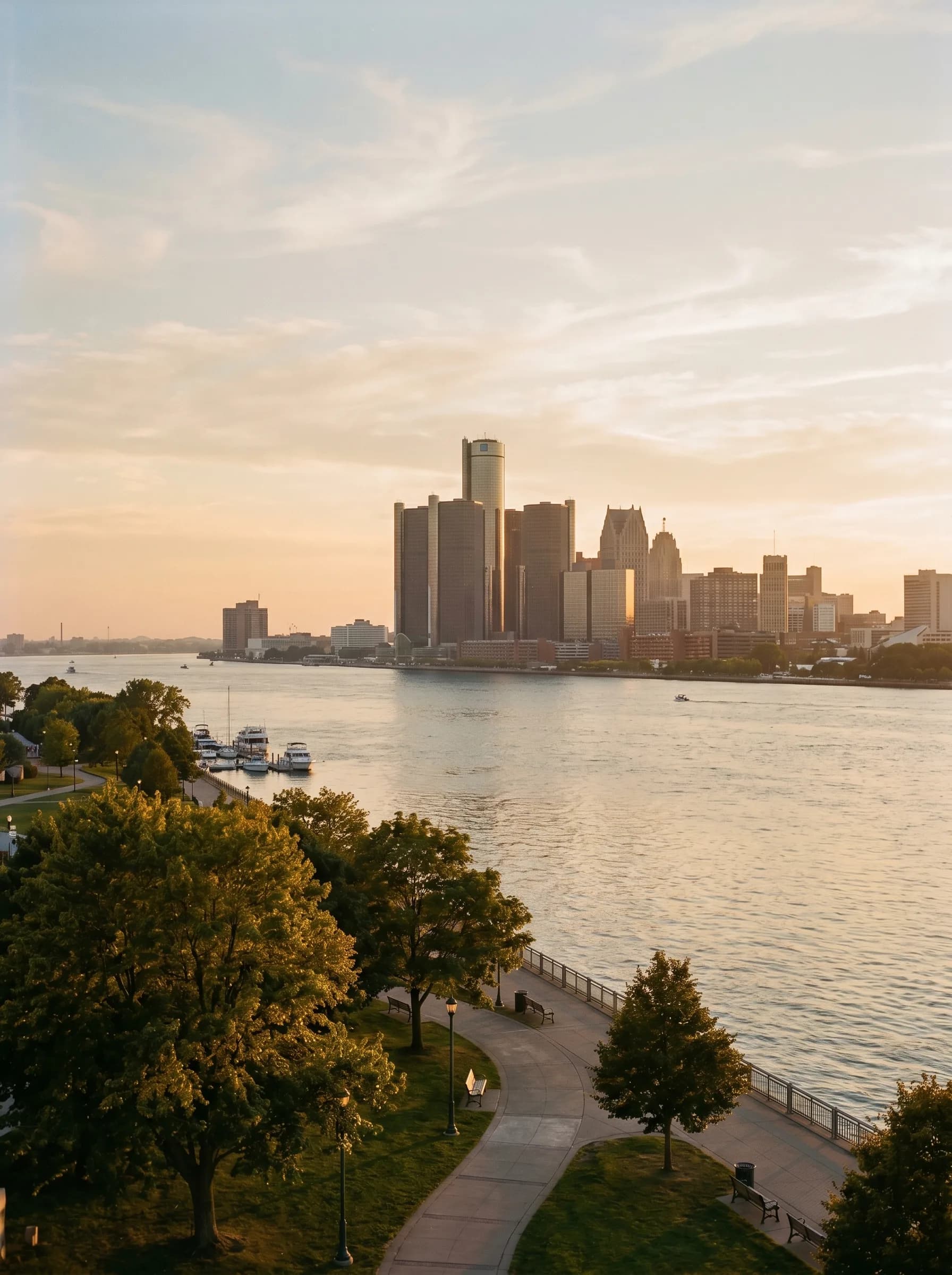The Detroit River with the Detroit, Michigan skyline rising across the water from Windsor's waterfront park at golden hour — Distinctive Form serves Windsor and Essex County