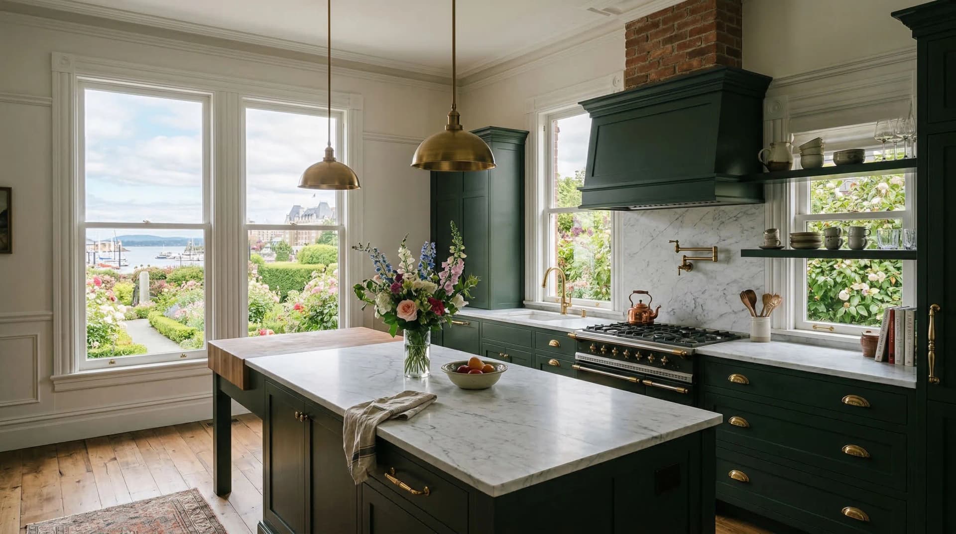 Distinctive Form — premium engineered quartz countertop with eased edge profile in a heritage-style Victoria, British Columbia kitchen. White marble-veined quartz island surface, deep forest green cabinetry with brass hardware, brass dome pendant lights, marble tile backsplash, hardwood floors, fresh floral arrangement, and harbour garden views through tall sash windows. Professional countertop fabrication and installation serving Victoria and surrounding areas.