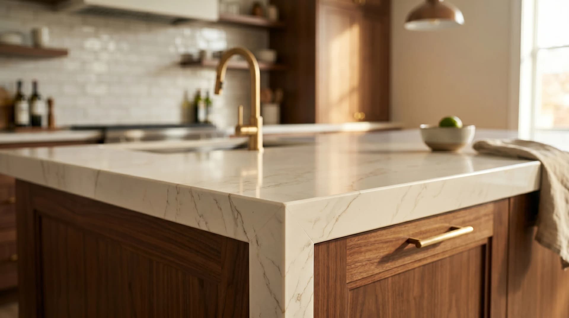 Distinctive Form premium quartz and porcelain countertops for Montreal homes — a close-up of a polished engineered quartz countertop with a clean mitered edge profile.