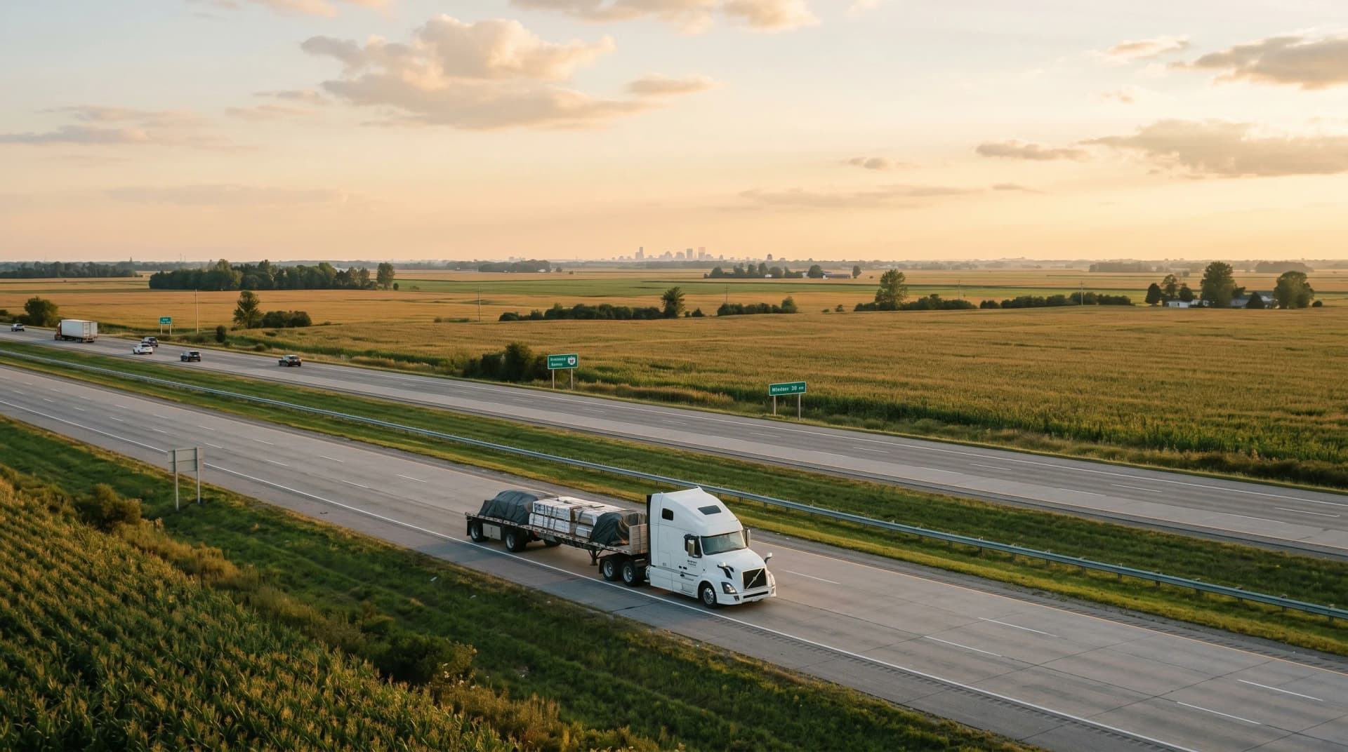 Highway 401 stretching west across vast flat Essex County farmland toward Windsor with a single white transport truck loaded with palletized building materials and the distant Windsor skyline on the horizon — Distinctive Form serves Windsor