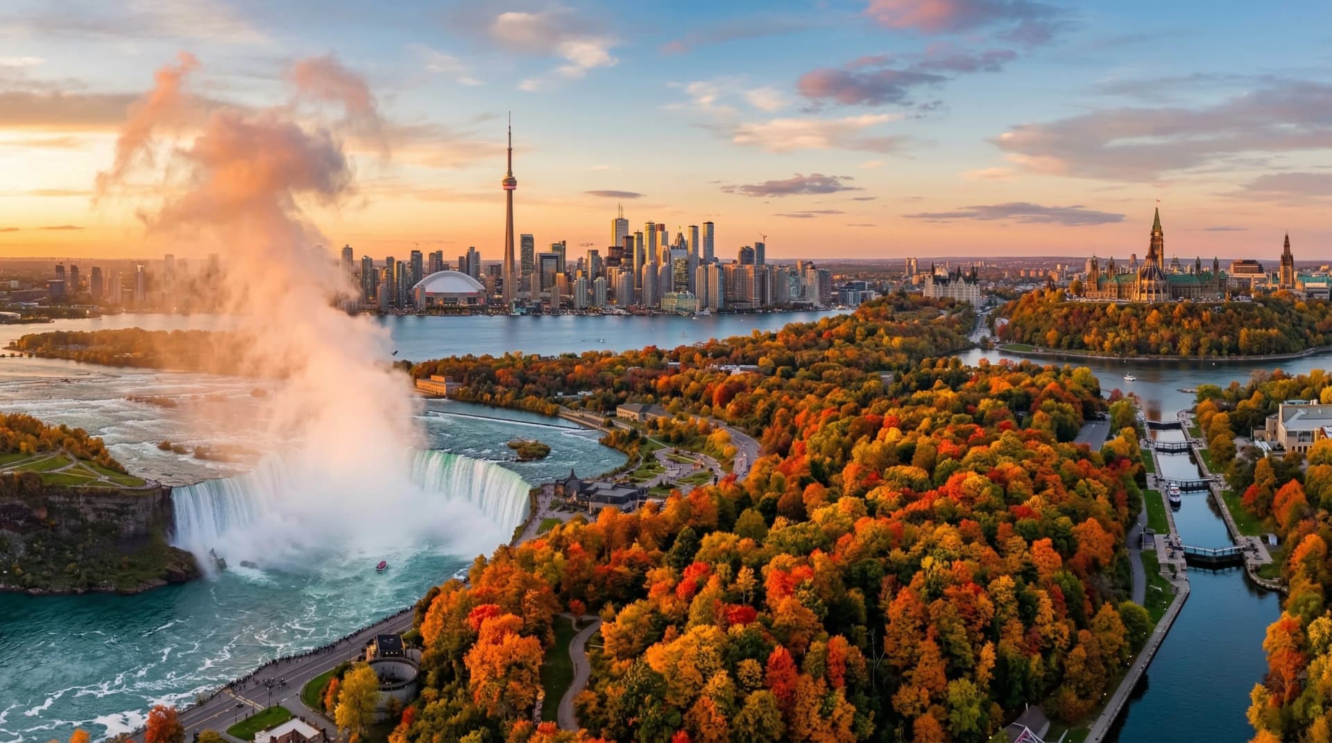 Distinctive Form — premium quartz and porcelain countertop fabrication across Ontario. Niagara Falls thundering with mist rising, the CN Tower and Toronto skyline gleaming in warm golden hour light, Parliament Hill and the Rideau Canal in the distance, all surrounded by brilliant autumn maple forest in vivid red and orange foliage. Serving Toronto, Ottawa, Mississauga, Brampton, Hamilton, London, Markham, Vaughan, Kitchener, Windsor, Richmond Hill, Oakville, Burlington, Oshawa, Barrie, Guelph, Kingston, Sudbury, and Cambridge.