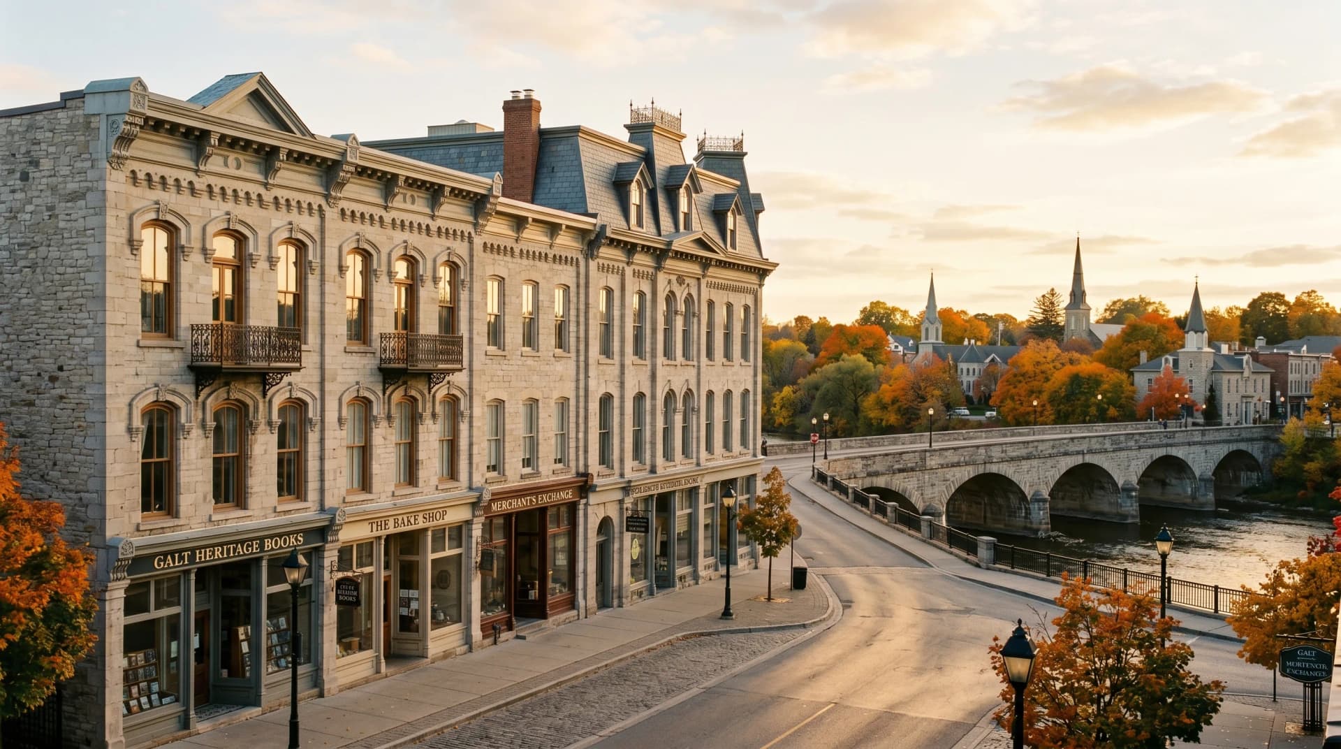 The historic Downtown Galt heritage commercial district of Cambridge at golden hour with 1880s Victorian Galt-limestone fronts, ornate stone-carved cornices and iron balconies and the historic stone-arch Main Street bridge over the Grand River — Distinctive Form serves Cambridge