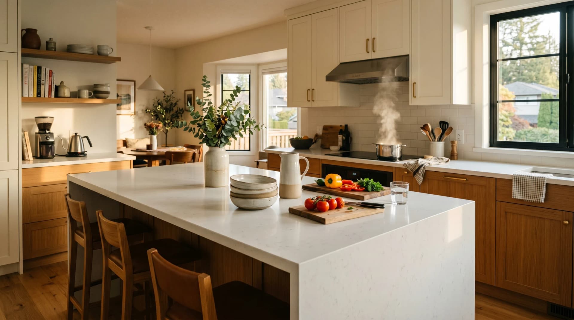 A busy Surrey family kitchen with a white engineered quartz waterfall island on honey-oak cabinetry, a chopping board with fresh vegetables and a steaming pot on the cooktop — Distinctive Form serves Surrey