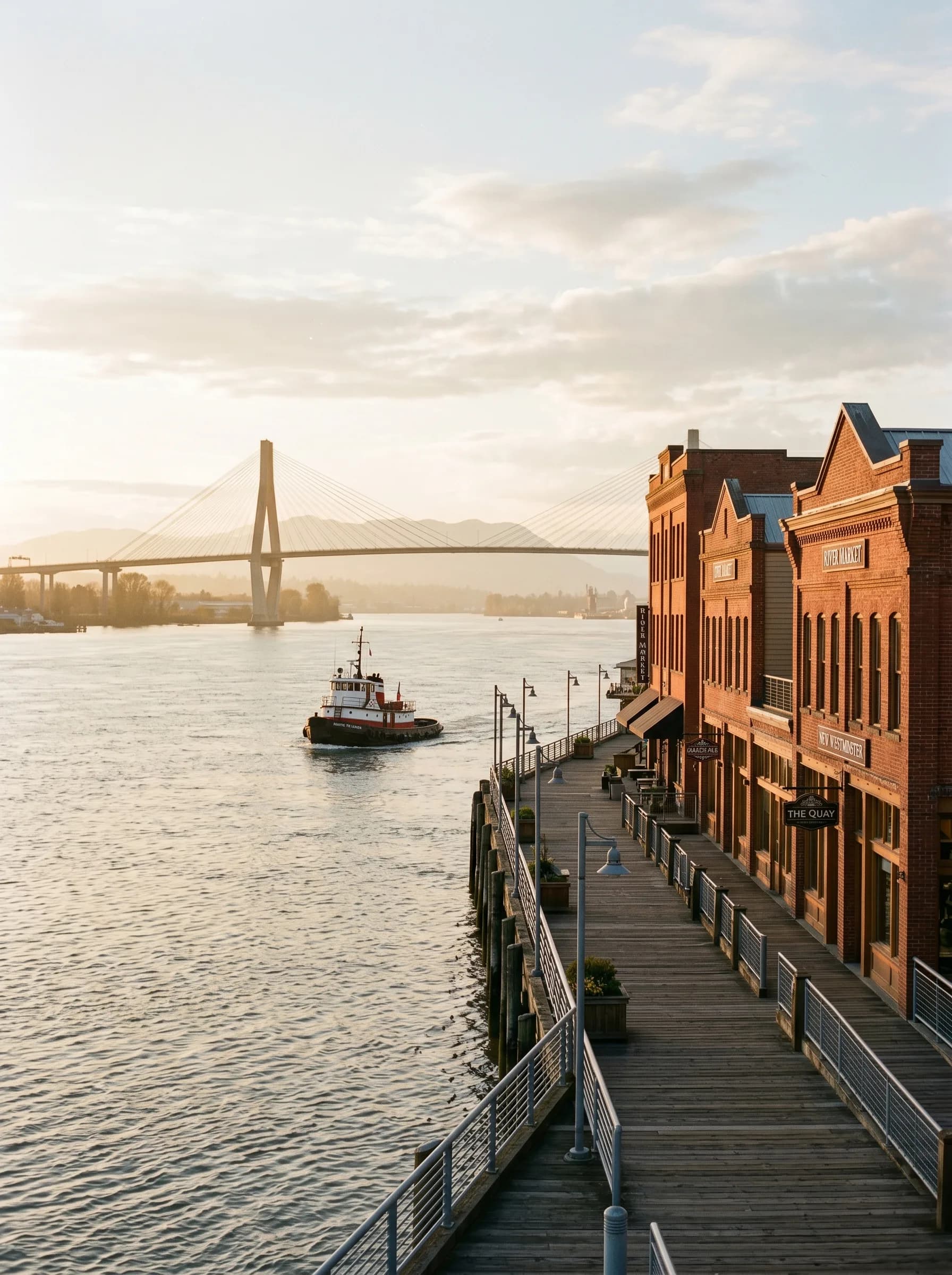 The historic Westminster Quay along the Fraser River with restored red-brick heritage buildings and the SkyBridge in the distance at golden hour — Distinctive Form serves the Royal City