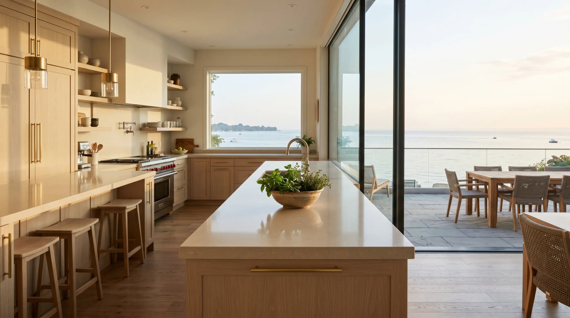 An Old Oakville lakefront kitchen with a pale porcelain countertop with a mitered edge on white-oak cabinetry, brushed-brass hardware, and a full-height glass wall opening onto a lakefront terrace over the calm humid waters of Lake Ontario — Distinctive Form serves Oakville