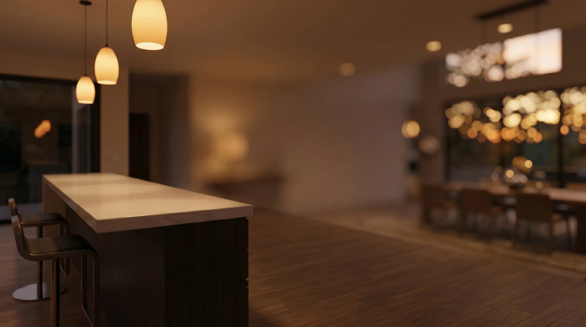 Warm evening entertaining scene with a polished engineered porcelain bar countertop in a luxury Toronto home, soft amber pendant lighting and twilight bokeh — Distinctive Form premium quartz and porcelain countertop fabrication and installation