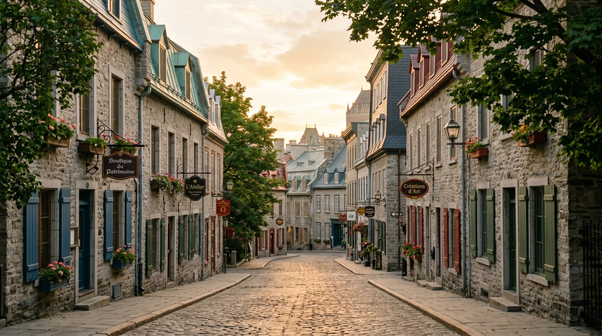 A narrow cobblestone Rue du Petit-Champlain in Vieux-Quebec lined with centuries-old French Canadian stone heritage buildings at golden hour — the UNESCO heritage character Distinctive Form preserves in Quebec City