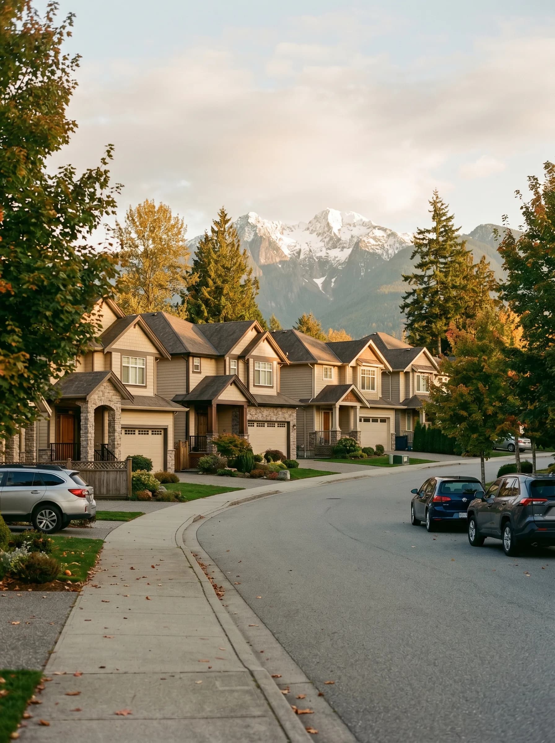 A residential street in Maple Ridge, BC with newer two-story homes on a gentle rise and the twin snow-capped Golden Ears peaks rising behind — Distinctive Form serves Maple Ridge and Pitt Meadows