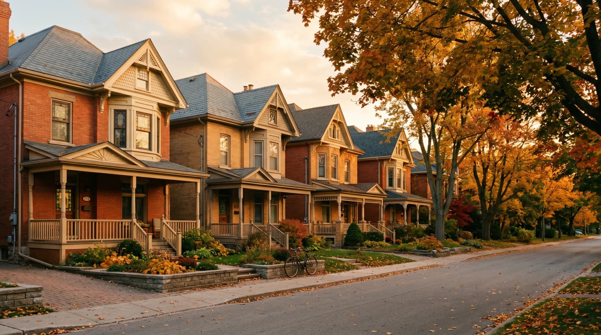 A heritage Old North London street lined with Victorian and Edwardian brick homes featuring deep porches and leaded-glass windows under an arching canopy of autumn maples — Distinctive Form serves London