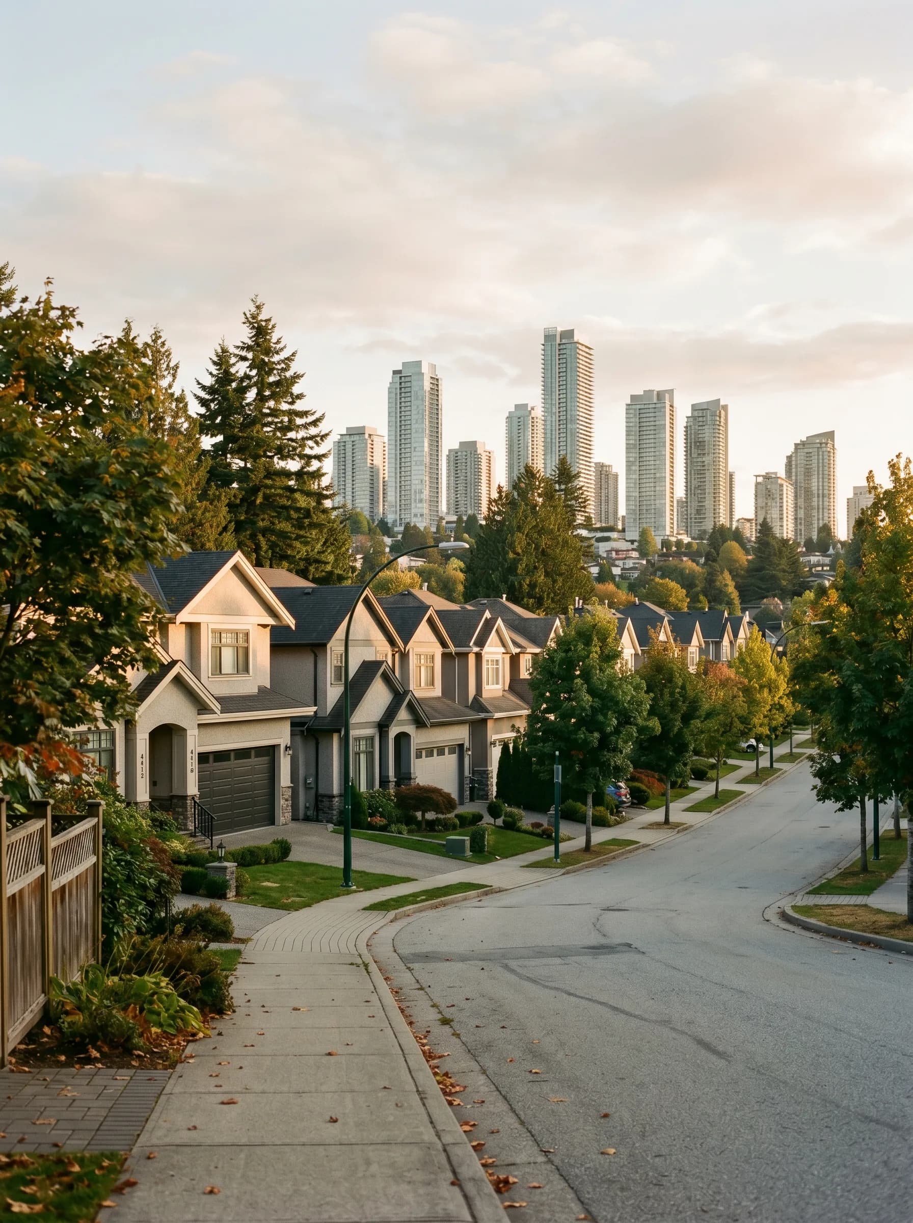 A hillside residential street in Burnaby, BC at golden hour with detached homes and the distant Metrotown glass condo towers — Distinctive Form serves all Burnaby neighborhoods