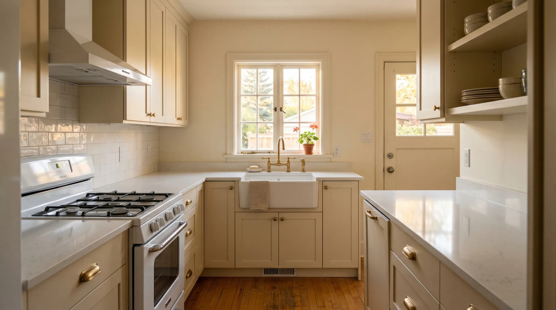 A renovated 1940s North End or East End Brandon wartime-bungalow galley kitchen at golden hour with a polished white engineered quartz countertop and clean eased edge precisely fitted onto refreshed cream shaker cabinetry, a deep apron sink under a small window, and walls slightly out of plumb from decades of settling — the compact-bungalow updates Distinctive Form delivers in Brandon