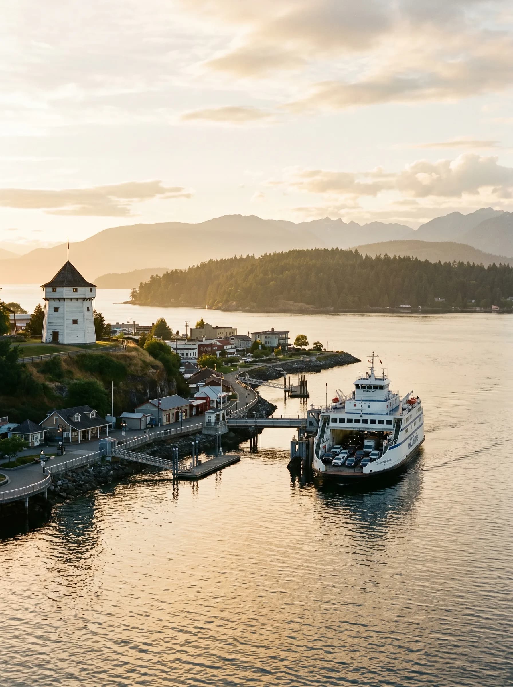 The Nanaimo harbourfront with the historic Bastion tower above the harbour and a BC Ferries vessel docked across the channel at golden hour — Distinctive Form serves Nanaimo and Central Vancouver Island