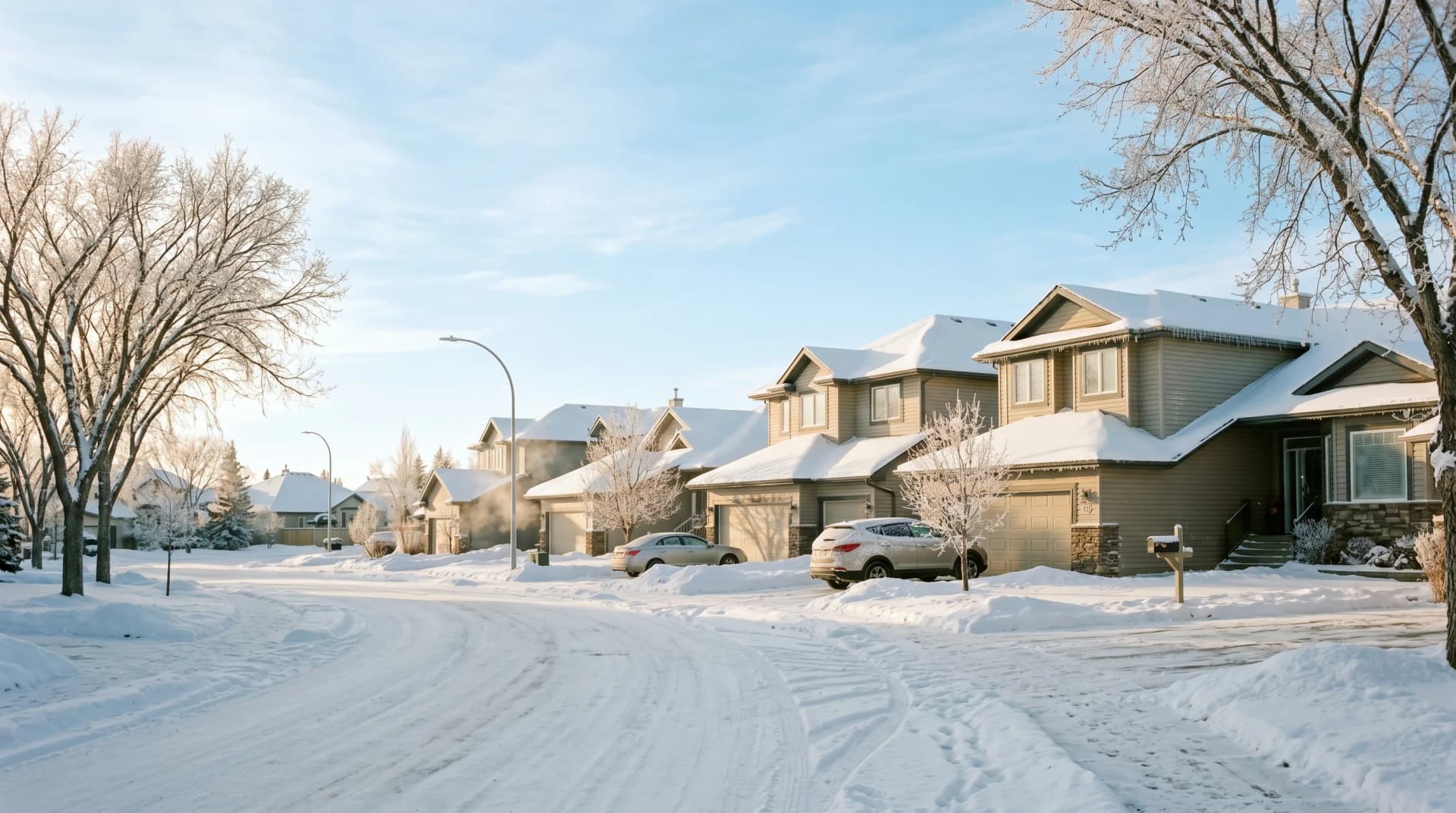 A Saskatoon residential street in deep mid-winter with detached two-story family homes, heavy snow on rooftops, and a brilliantly clear cold prairie sky overhead — the extreme prairie temperature swings Distinctive Form designs Saskatoon installations to handle