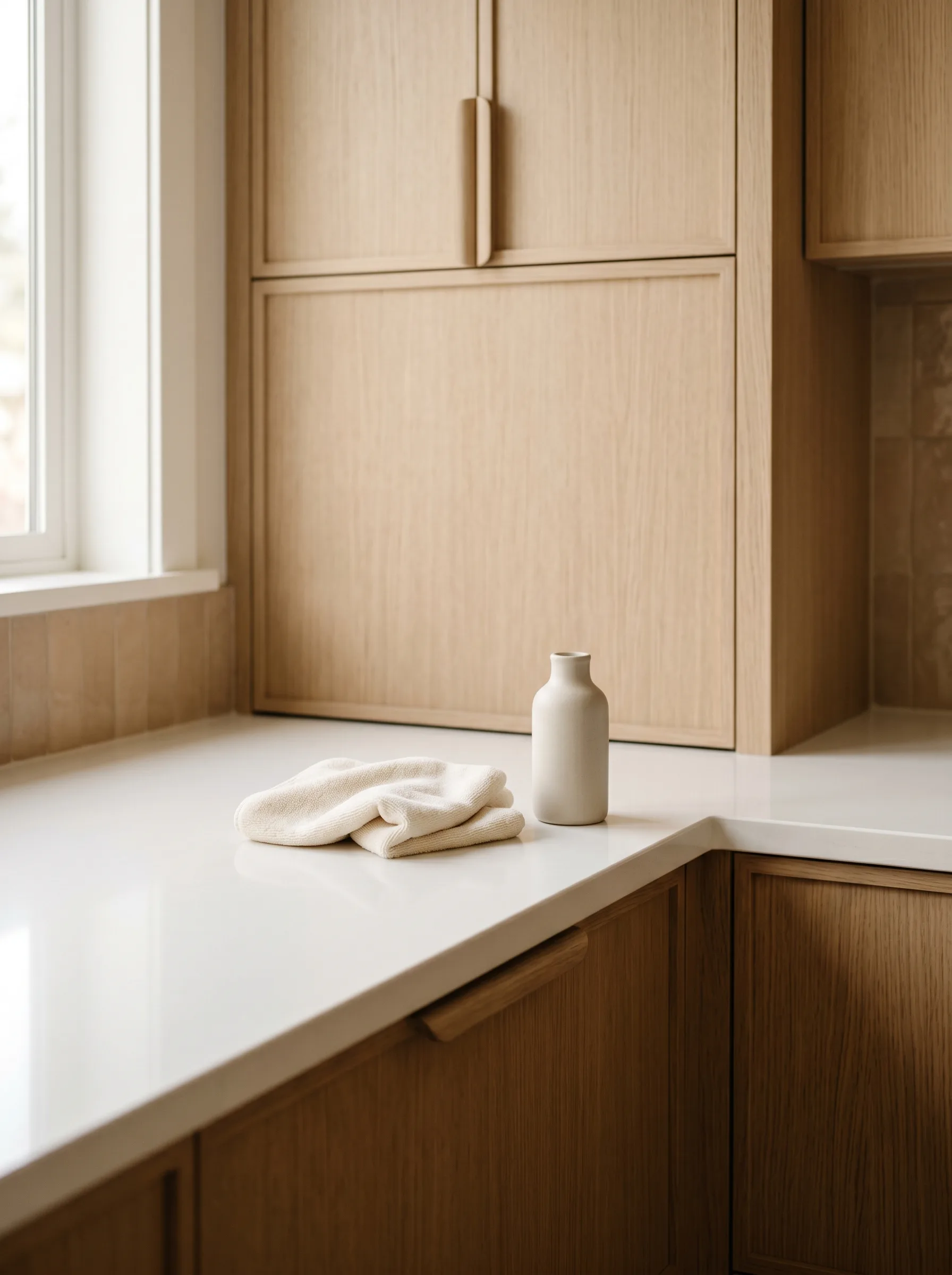 Pristine polished engineered quartz countertop with a folded microfiber cloth and an unbranded ceramic care bottle — Distinctive Form care and maintenance