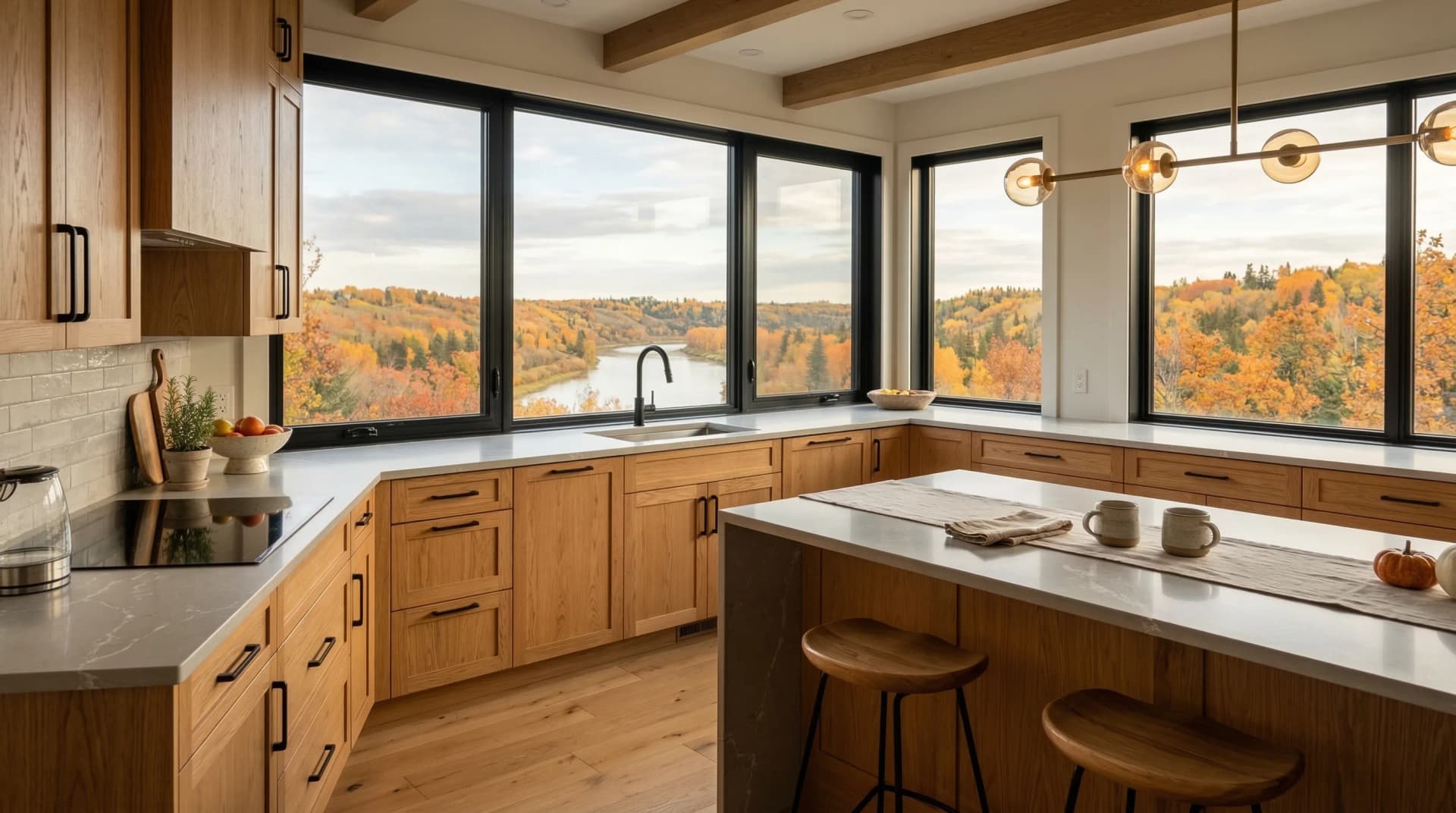 Distinctive Form — premium engineered quartz countertop with eased edge profile in a warm contemporary Edmonton, Alberta kitchen. Light grey quartz surface on natural oak cabinetry, globe pendant chandelier with brass accents, black matte hardware, and panoramic views of the North Saskatchewan River valley with vibrant autumn foliage. Professional countertop fabrication and installation serving Edmonton and surrounding areas.