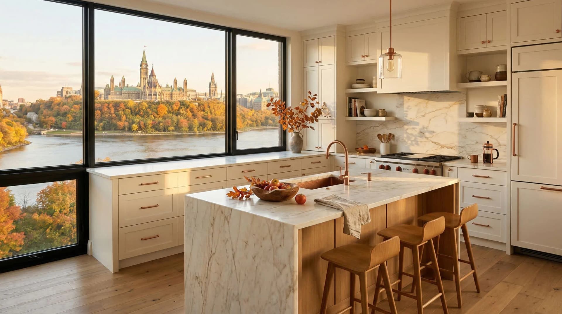 Distinctive Form — premium marble-veined porcelain countertop with mitered waterfall island edge in a warm modern Gatineau, Quebec kitchen. Calacatta-style porcelain slab surfaces and matching backsplash, light cream cabinetry, natural wood island base, copper fixtures and pendant lighting, wooden bar stools, light hardwood floors, floor-to-ceiling windows with autumn Ottawa River and Parliament Hill views. Professional countertop fabrication and installation serving Gatineau and surrounding areas.