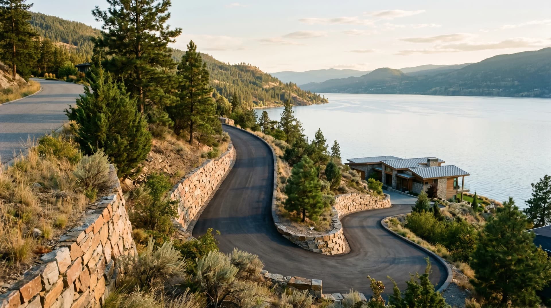 A steep narrow private driveway descending toward a Lakeshore Road or Mission Kelowna lakefront property at golden hour with terraced cut-stone retaining walls, ornamental Okanagan junipers and arbutus, and sparkling Okanagan Lake just beyond — Distinctive Form serves Kelowna