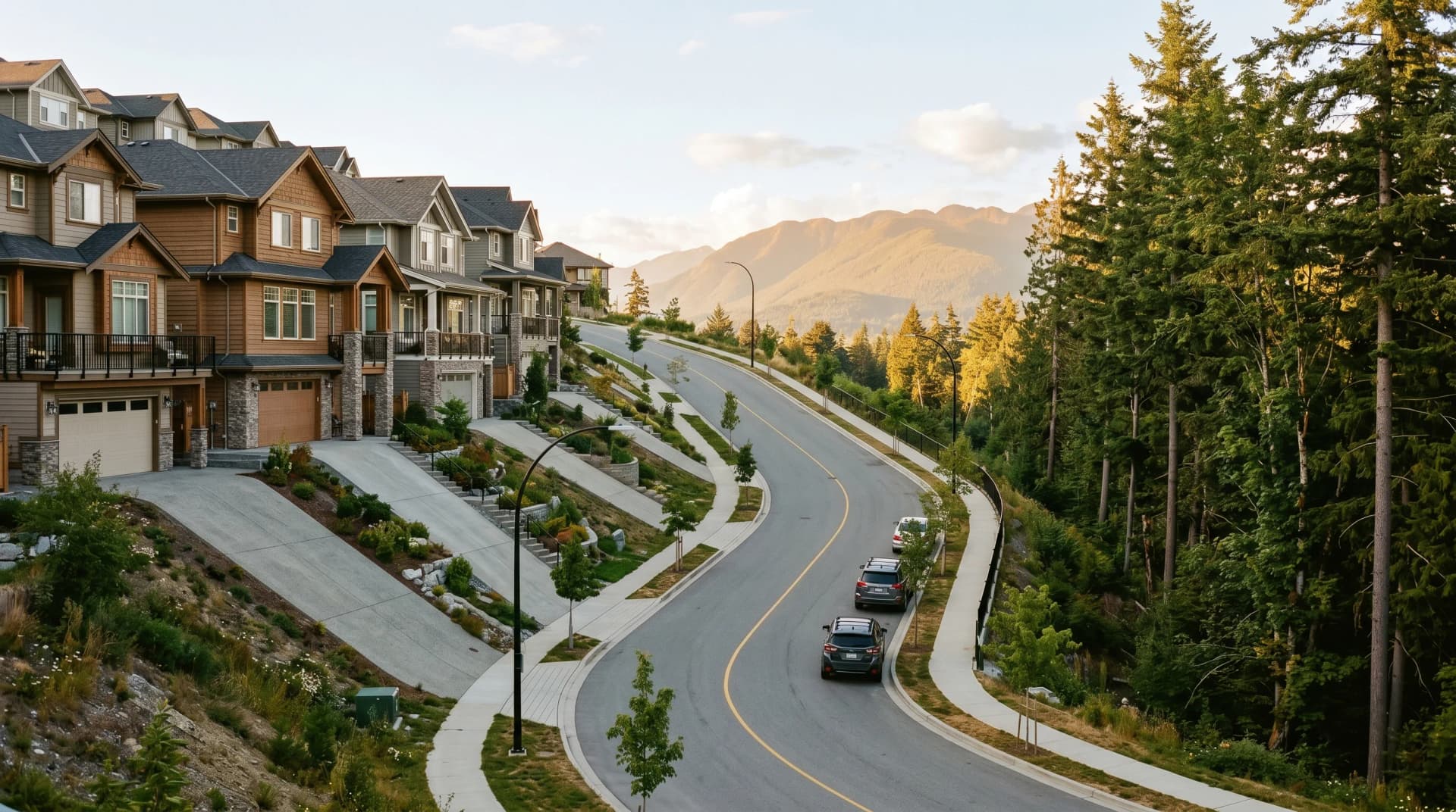 A steep winding Burke Mountain residential street climbing the Coquitlam hillside at warm golden hour with new 2020s two-story homes on terraced driveways, Douglas-firs, and the distant Coast Mountains — Distinctive Form serves Coquitlam