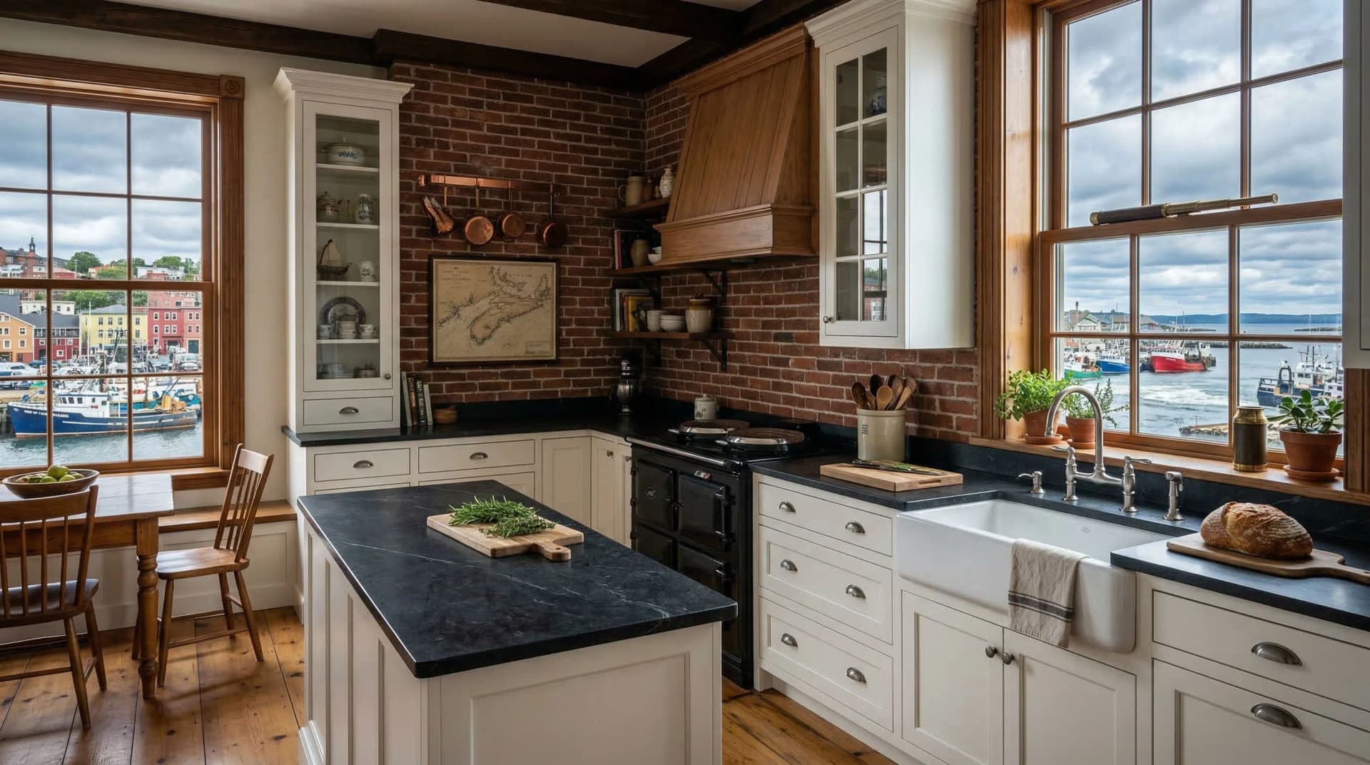 Distinctive Form — premium porcelain countertop with eased edge profile in a heritage maritime Saint John, New Brunswick kitchen. Dark soapstone-look porcelain slab surface, white shaker cabinetry, exposed brick accent wall, glass-front display cabinets, wooden range hood, copper pot rack, farmhouse sink with bridge faucet, and colourful Saint John harbour waterfront and fishing boat views. Professional countertop fabrication and installation serving Saint John and surrounding areas.