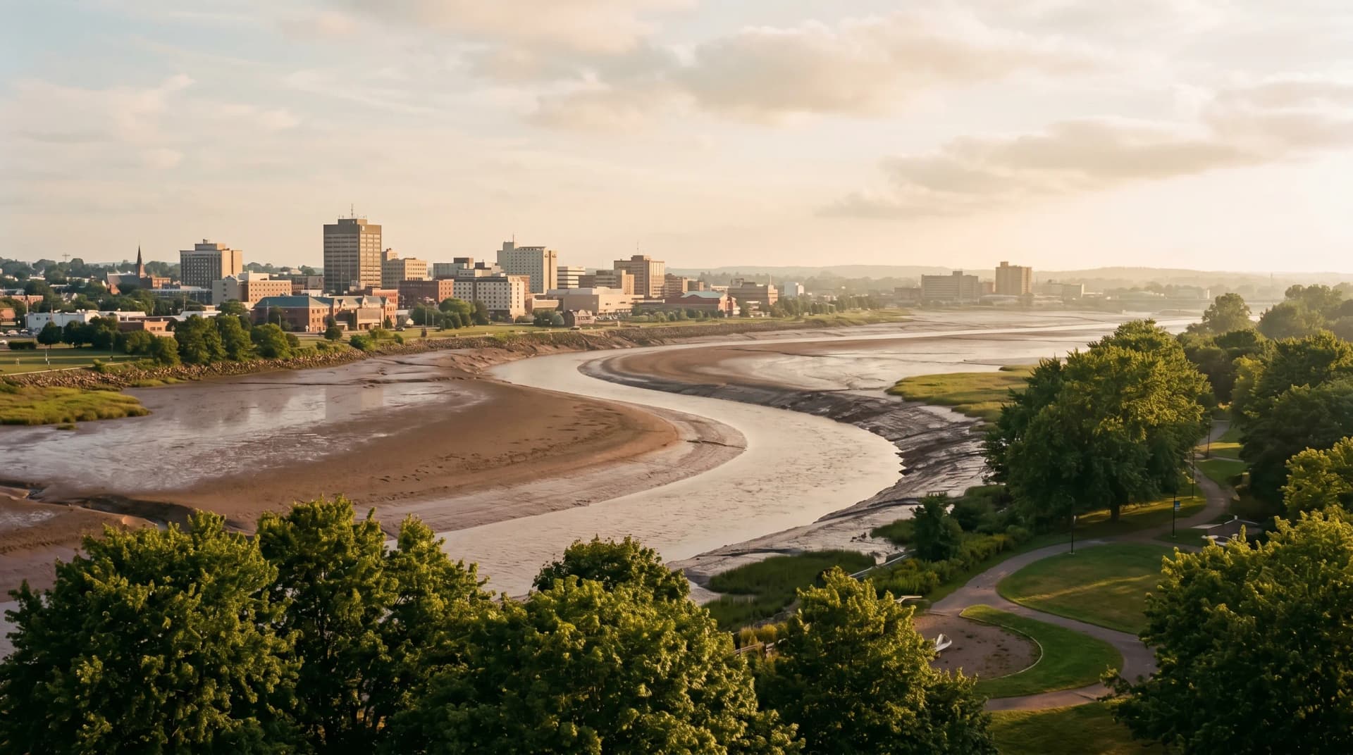 The tidal Petitcodiac River winding past Bore Park at low tide with exposed chocolate-brown mud flats, soft humid Maritime haze, and the modest Moncton skyline on the north bank at golden hour — Distinctive Form serves Moncton