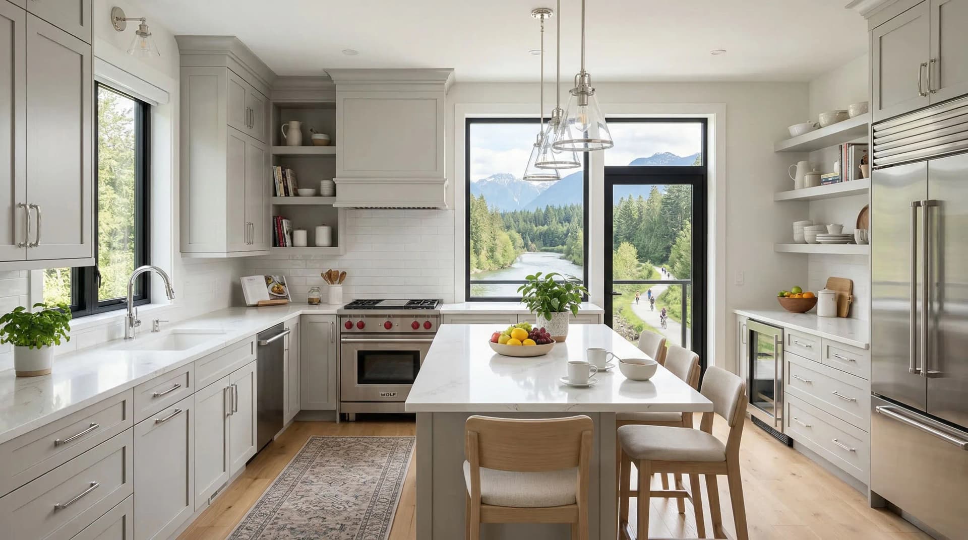 Distinctive Form — premium engineered quartz countertop with eased edge profile in a bright transitional Port Coquitlam, British Columbia kitchen. Clean white quartz island surface with soft grey veining, light grey shaker cabinetry, geometric pendant lighting, open shelving, stainless steel appliances, and panoramic mountain and river valley views. Professional countertop fabrication and installation serving Port Coquitlam and surrounding areas.