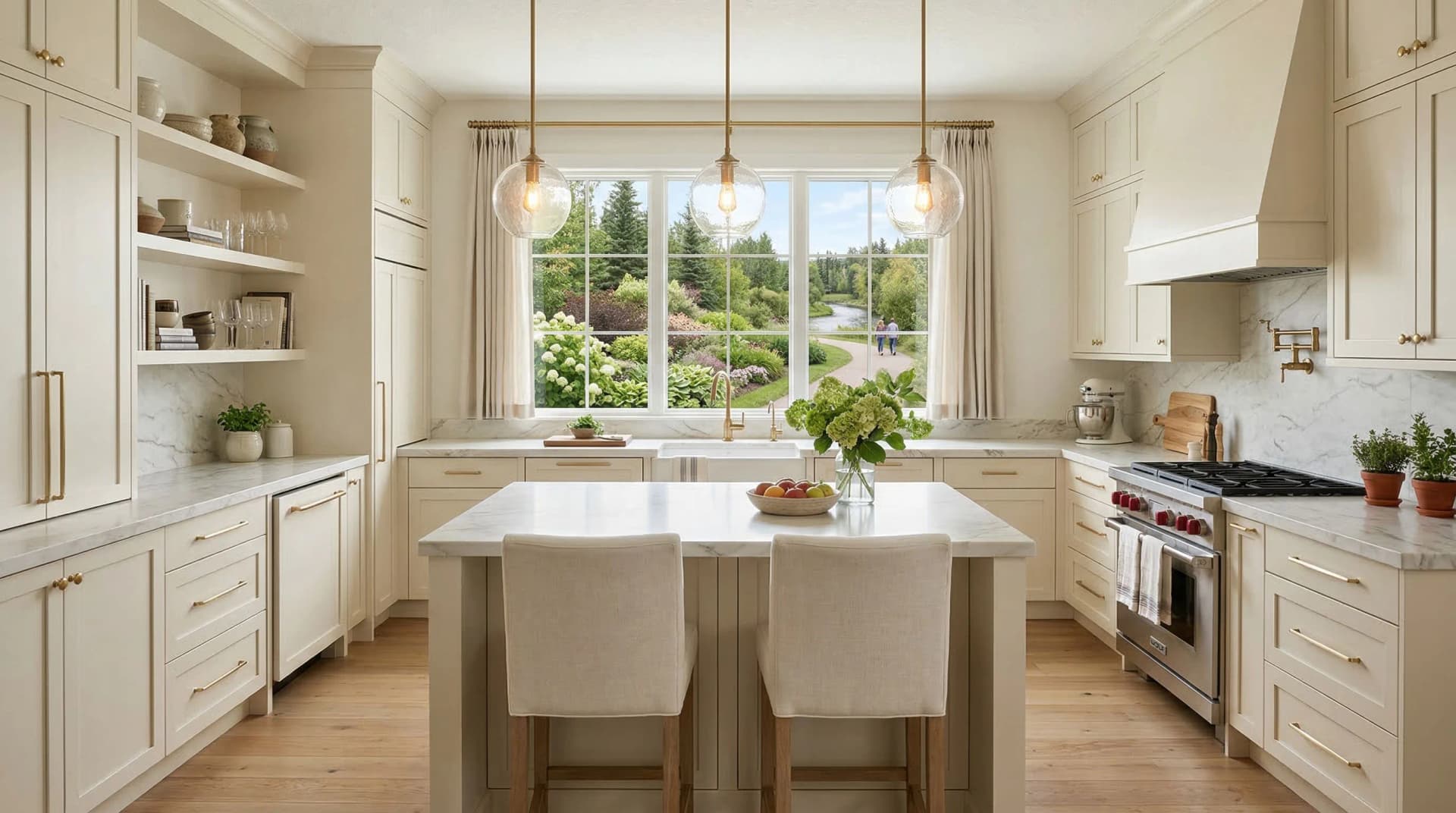 Distinctive Form — premium engineered quartz countertop with eased edge profile in an elegant traditional St. Albert, Alberta kitchen. White marble-veined quartz surface on cream and sage cabinetry, glass globe pendant lights with brass fittings, marble backsplash, open shelving, and views of a lush landscaped garden through large windows. Professional countertop fabrication and installation serving St. Albert and surrounding areas.